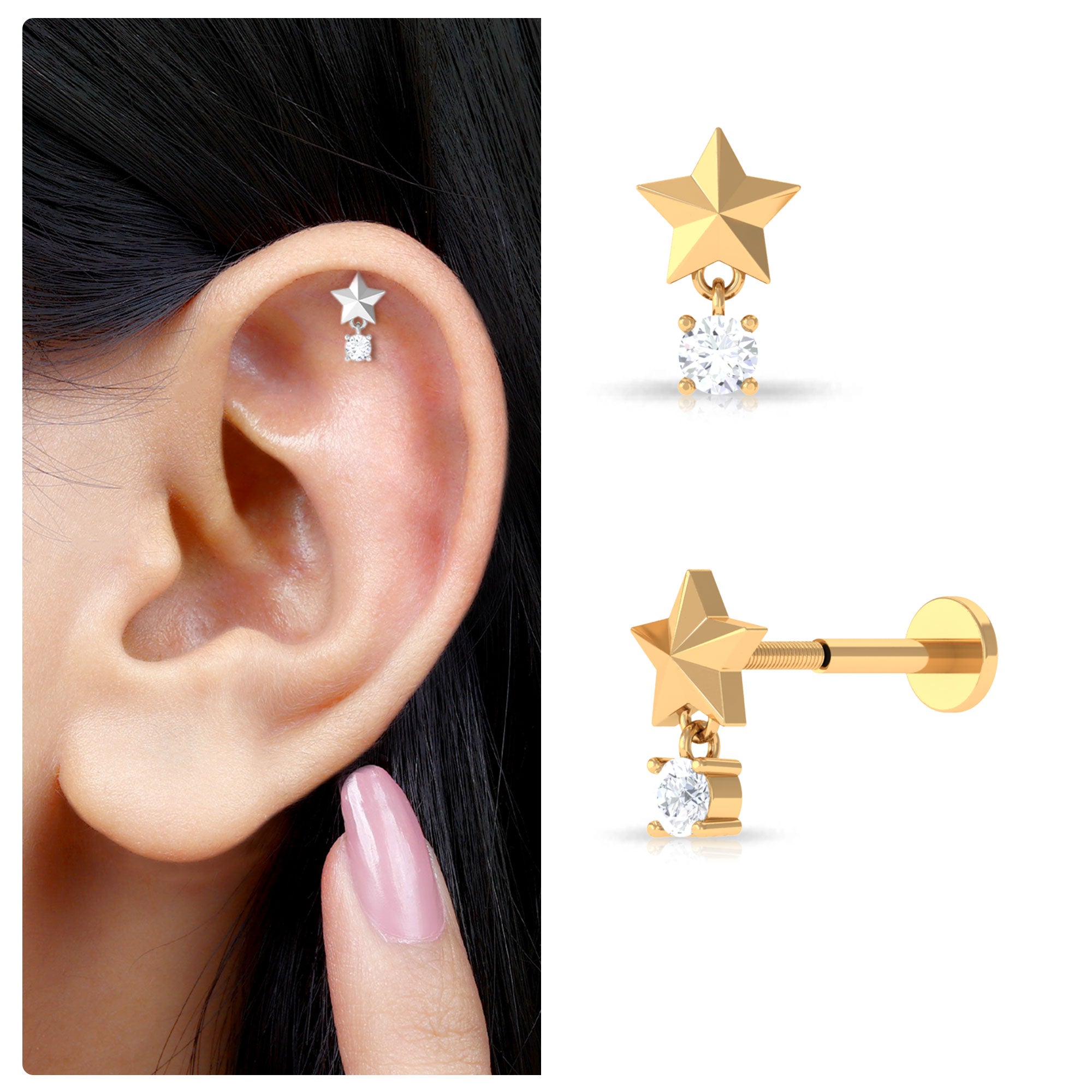 Rosec Jewels-Exquisite Diamond Star Drop Earring for Helix Piercing