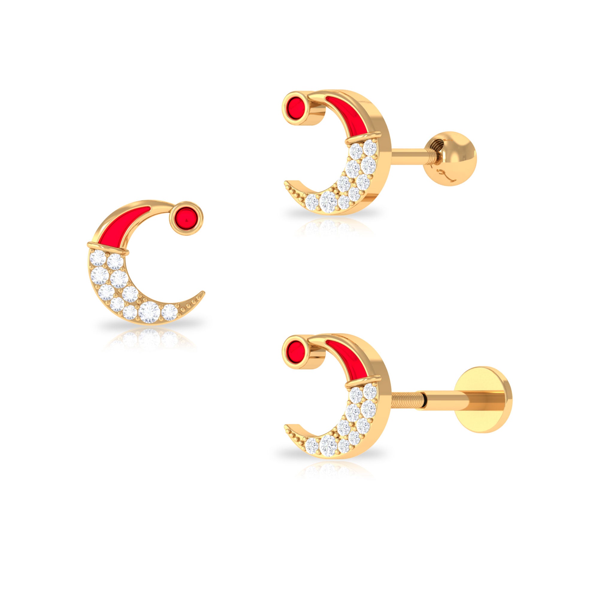 Rosec Jewels-Real Diamond Red Enamel Xmas Crescent Moon Conch Earring