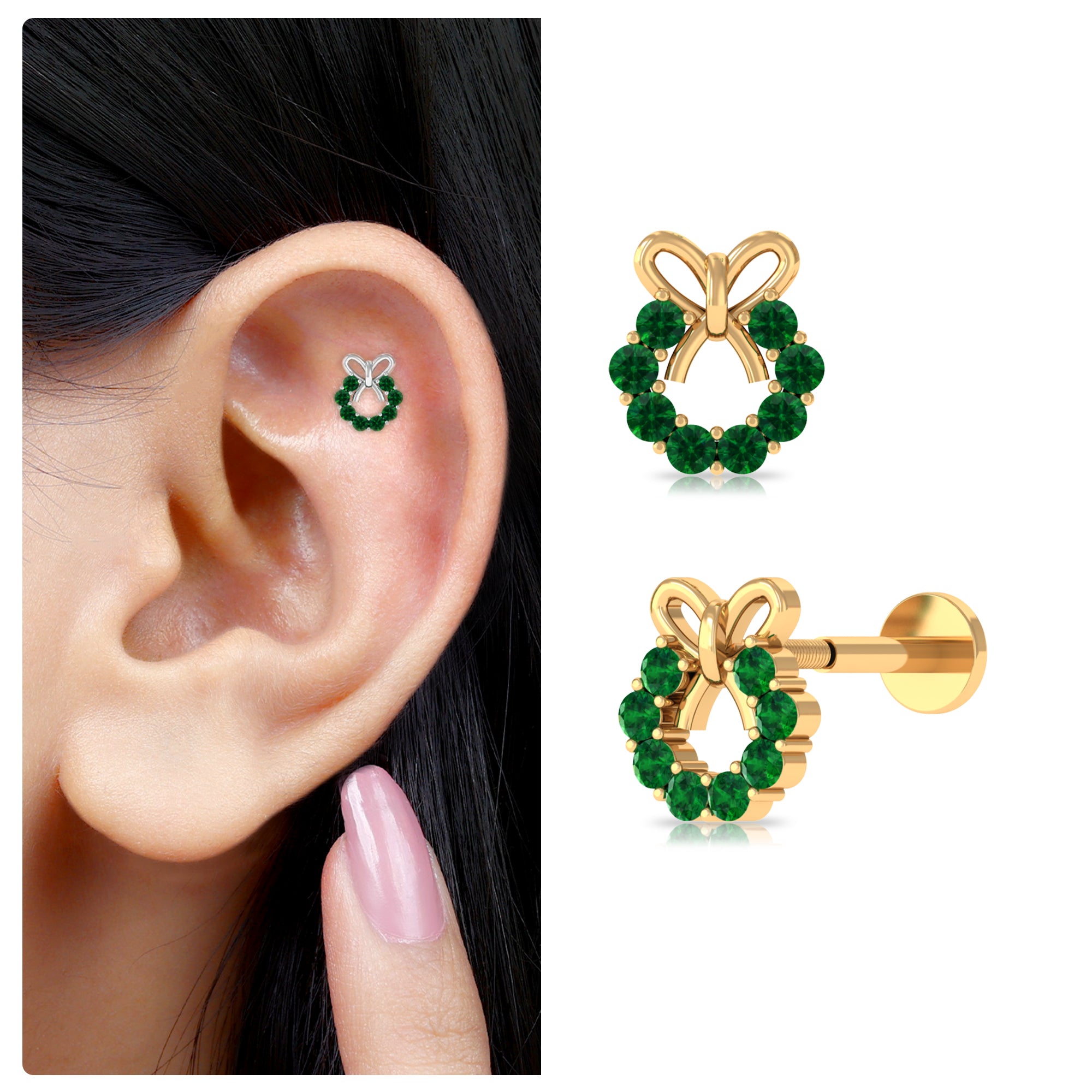 Rosec Jewels-Emerald Christmas Wreath and Gold Bow Earring