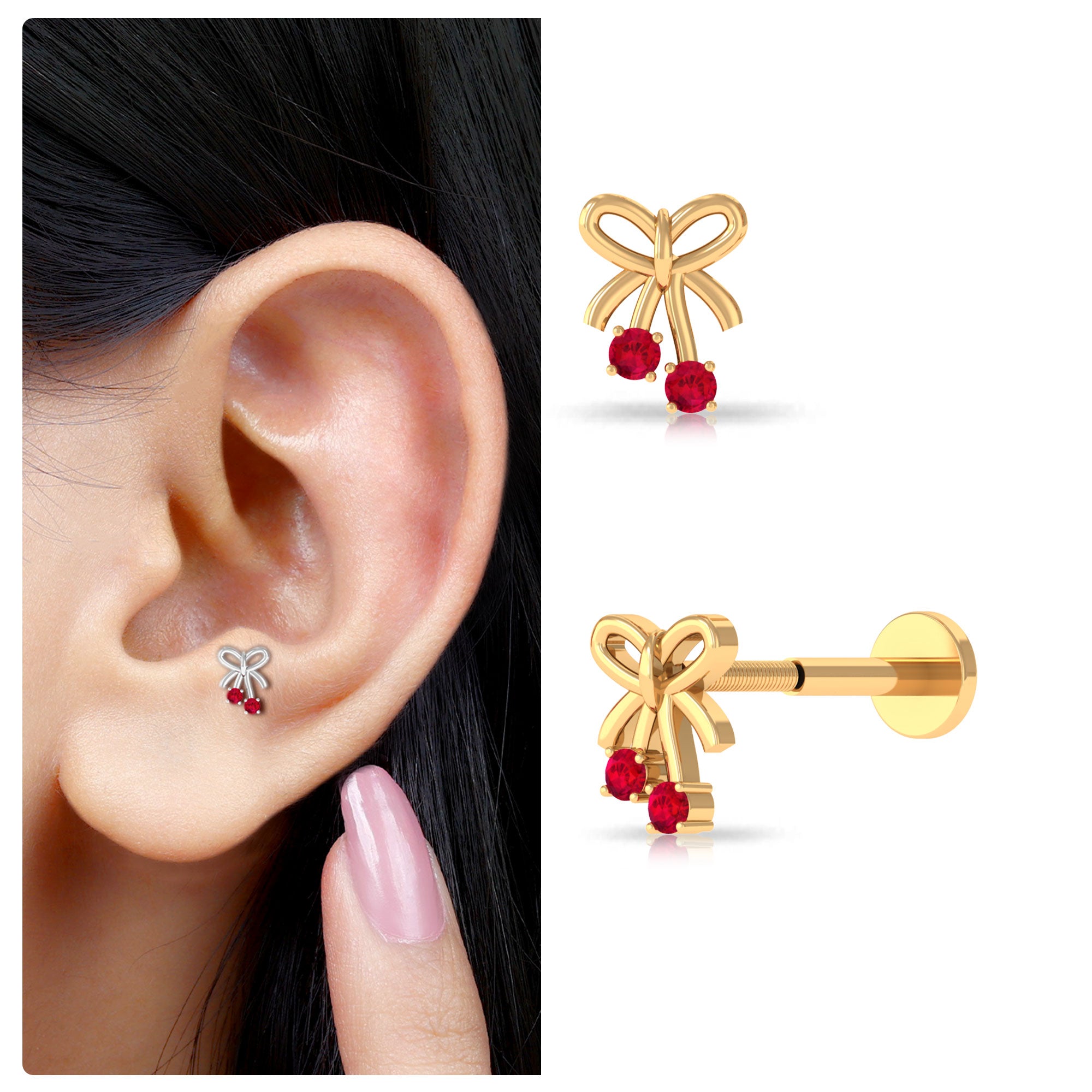 Rosec Jewels-Round Created Ruby Gold Bow Cartilage Earring