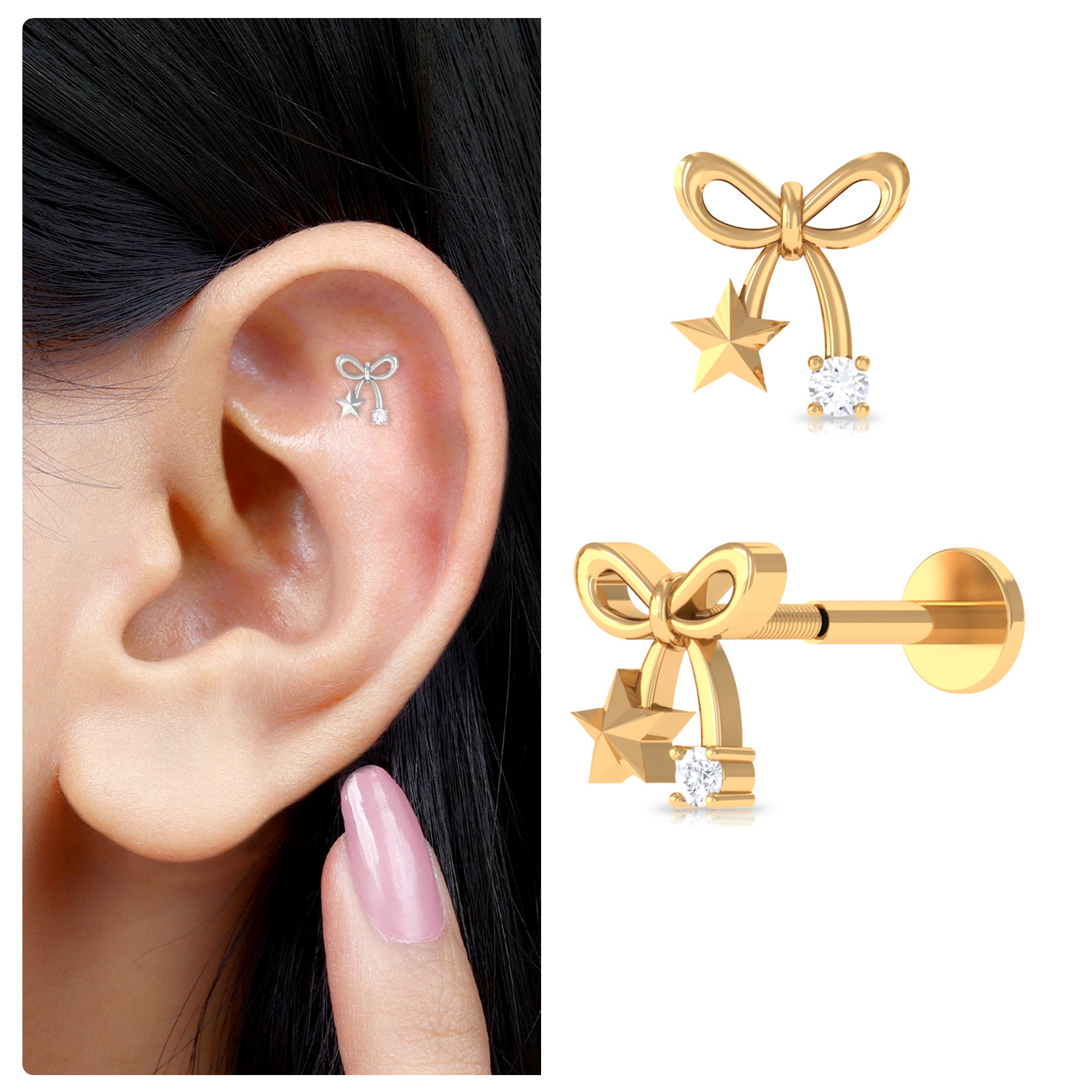 Rosec Jewels-Natural Diamond Bow Cartilage Earring with Star