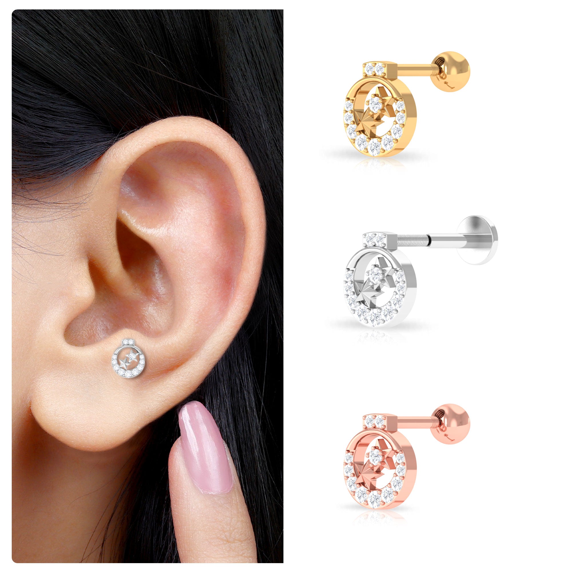 Rosec Jewels-Unique Diamond Gold Star Cartilage Earring