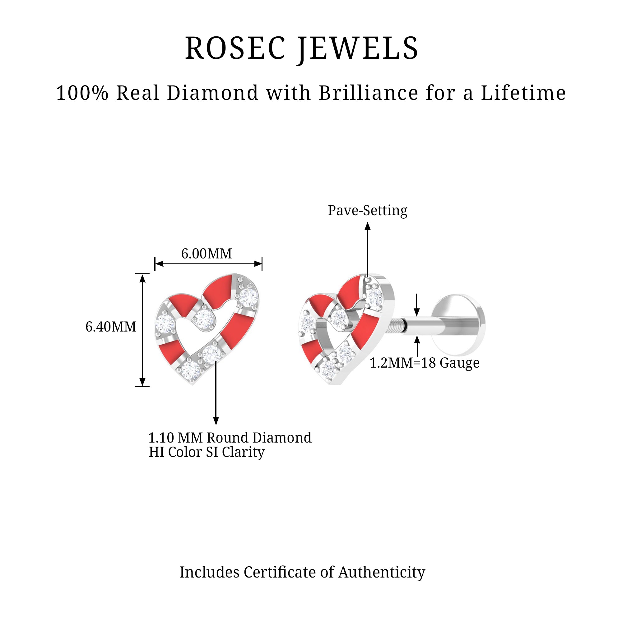 Rosec Jewels-Real Diamond Heart Cartilage Earring with Red Enamel