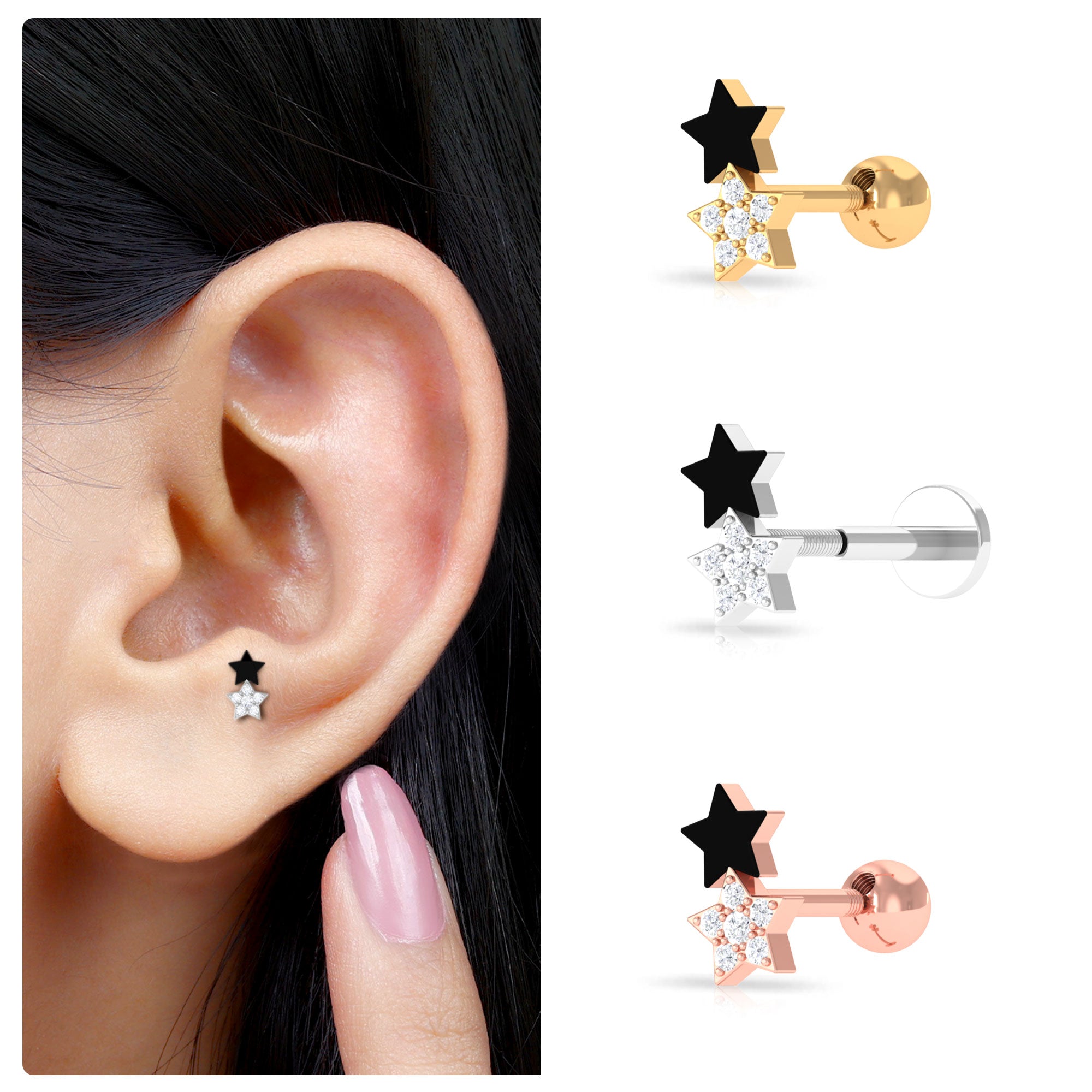 Rosec Jewels-Unique Diamond Star Cartilage Earring with Black Enamel