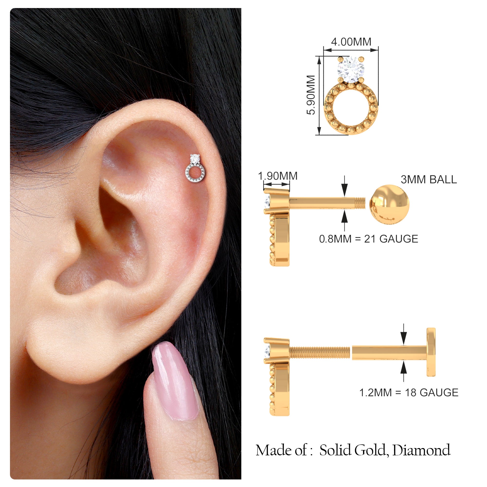 Rosec Jewels-Round Diamond Gold Beaded Open Circle Tragus Earring