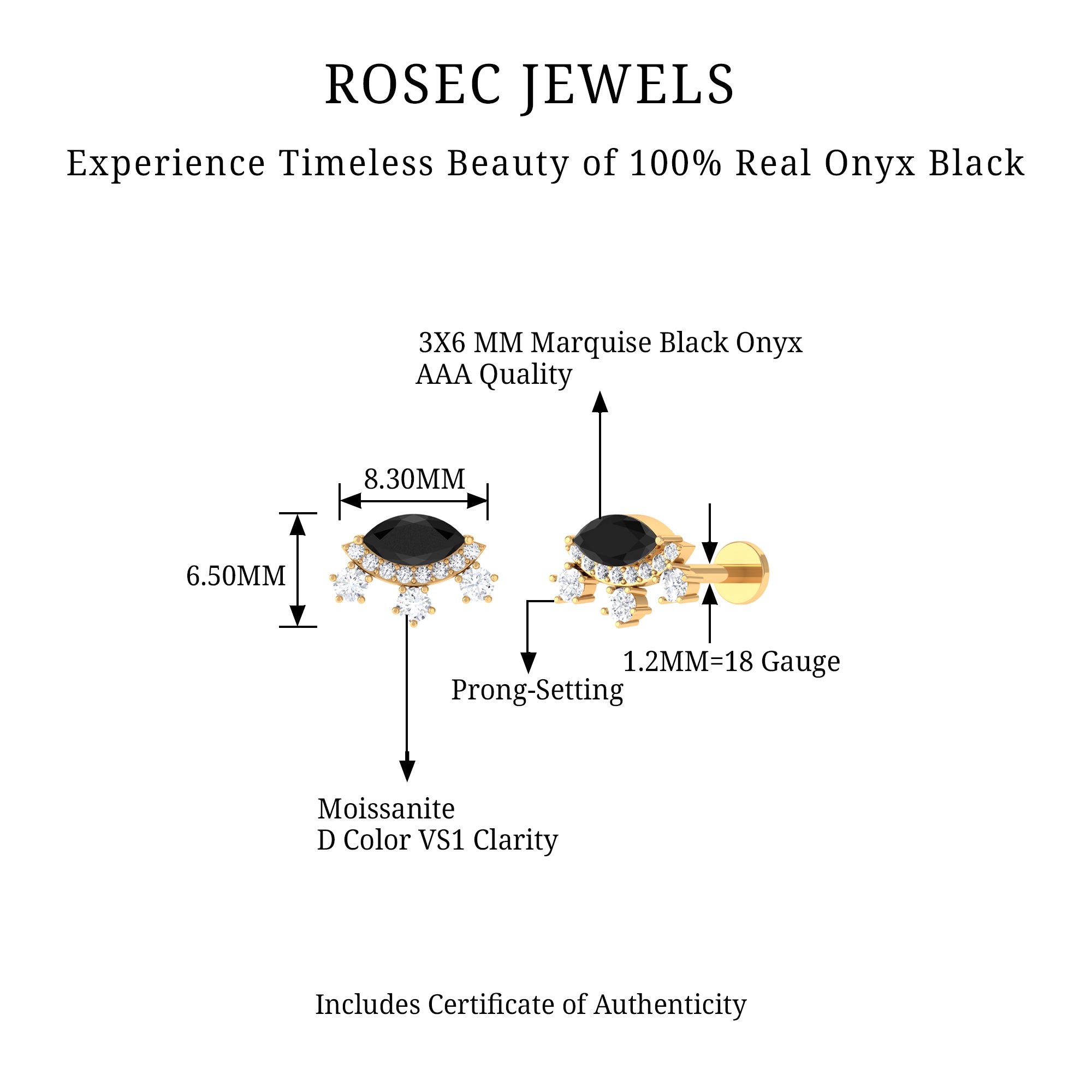 Rosec Jewels-Genuine Black Onyx Gothic Cartilage Earring with Moissanite