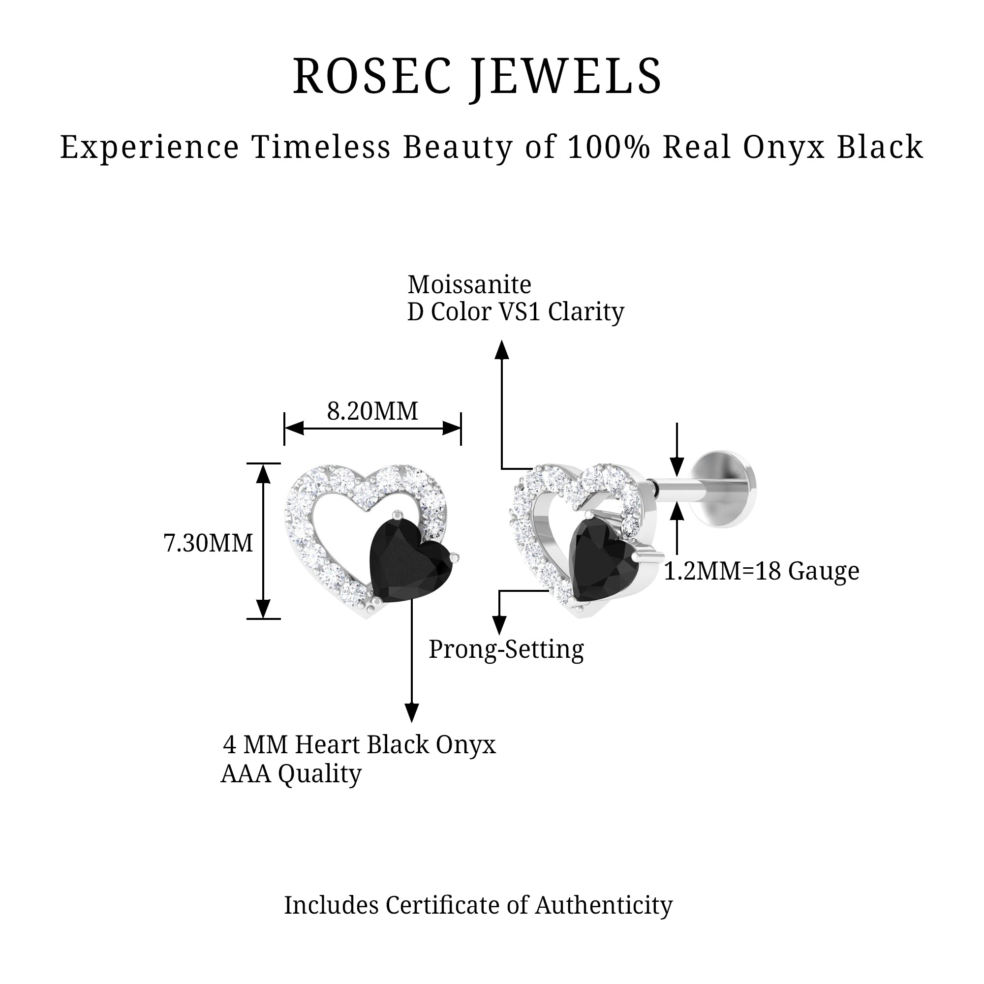 Rosec Jewels-Heart Shape Black Onyx and Moissanite Cartilage Earring