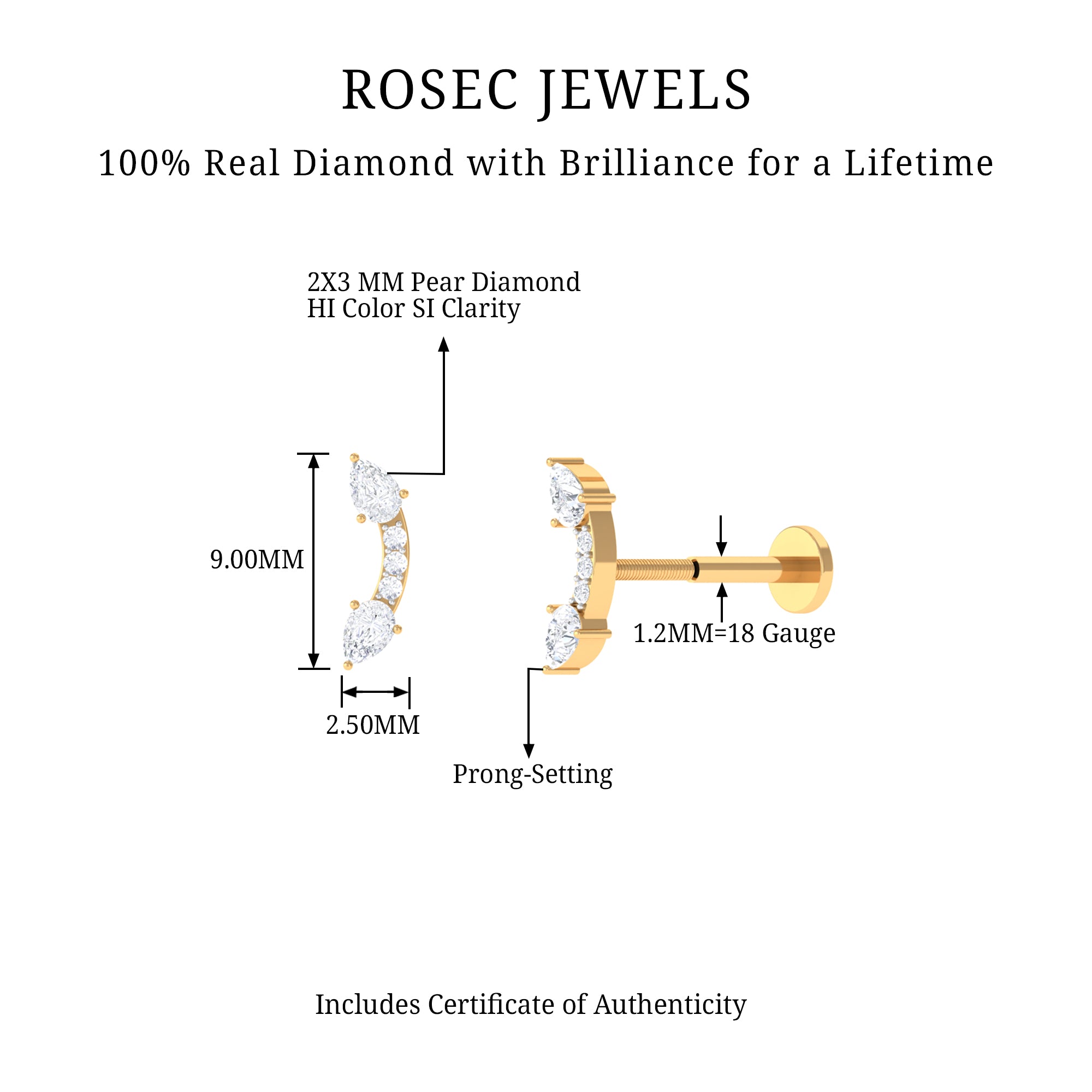 Rosec Jewels-Pear Shape Diamond Curved Helix Earring