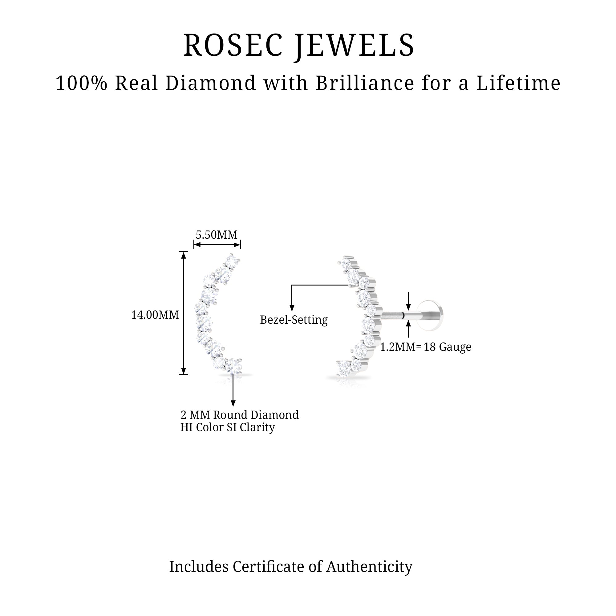 Rosec Jewels-Real Diamond Curved Crawler Earring for Helix Piercing