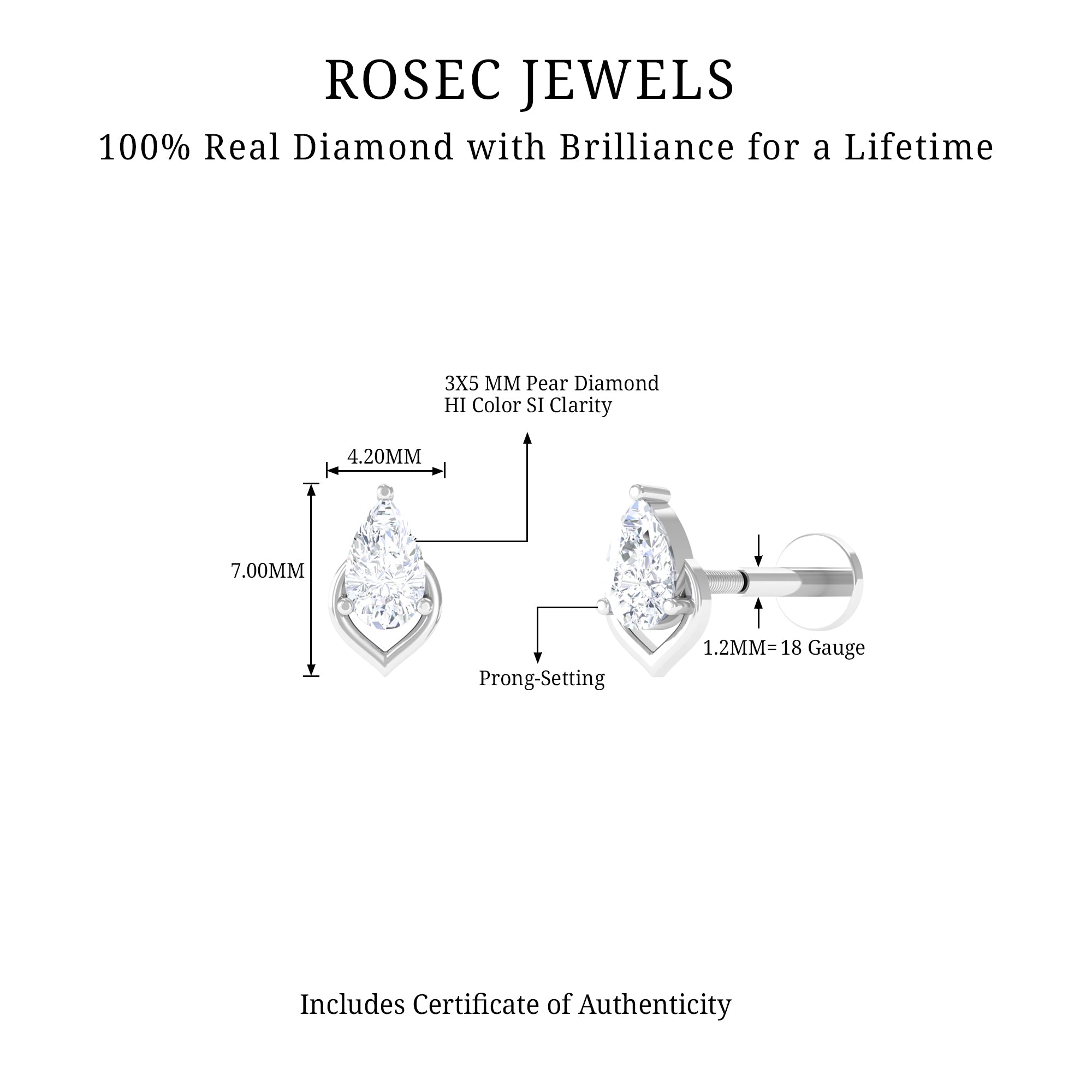 Rosec Jewels-Pear Shape Diamond Solitaire Earring for Helix Piercing