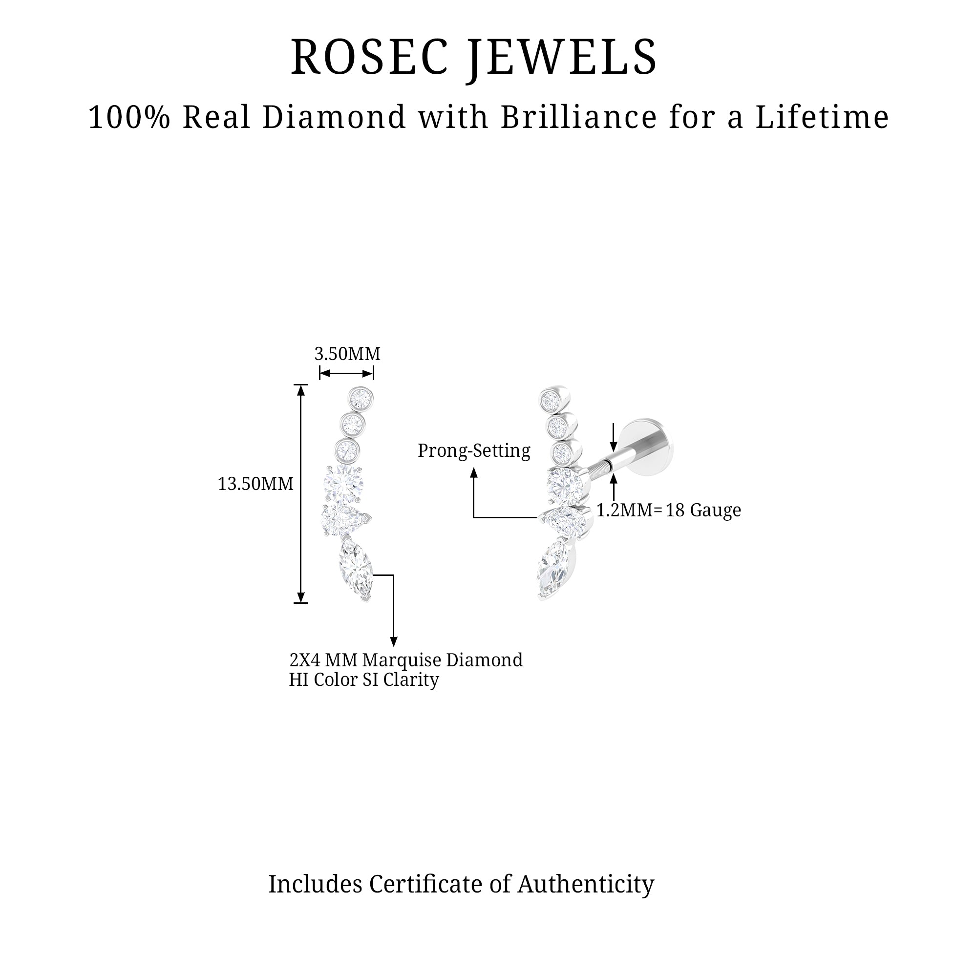 Rosec Jewels-Genuine Diamond Crawler Earring for Cartilage Piercing