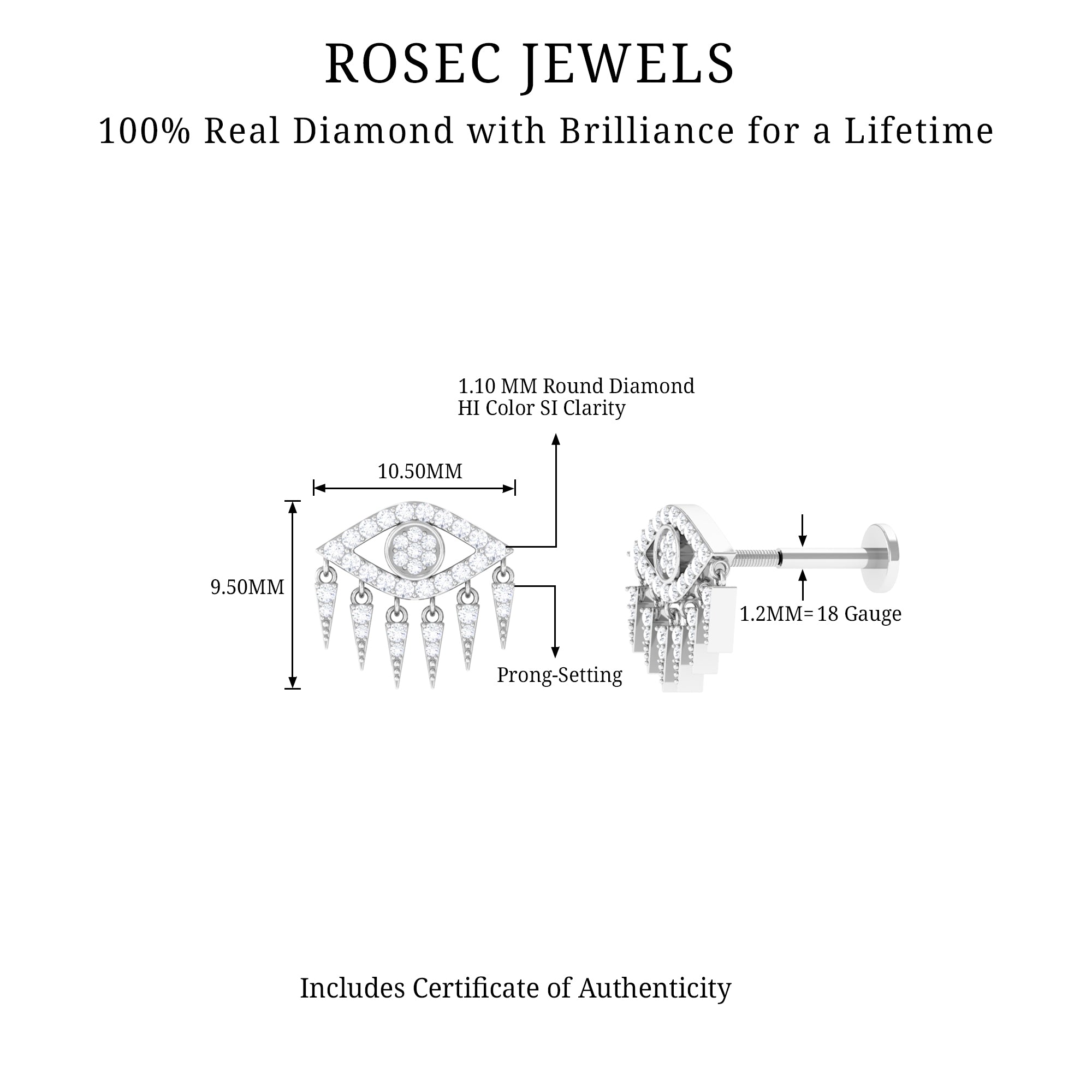 Rosec Jewels-Diamond Evil Eye Earring for Upper Lobe Piercing