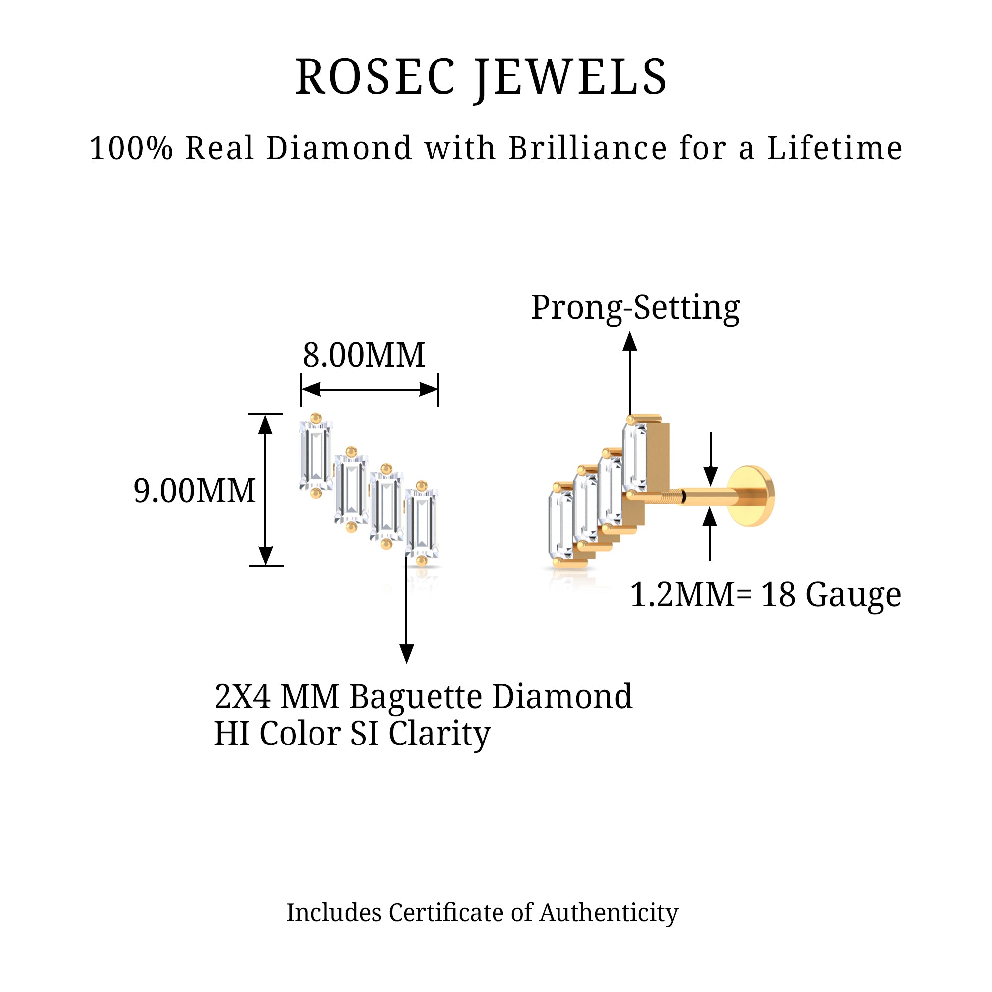 Rosec Jewels-Baguette Diamond Helix Earring with Flat Back