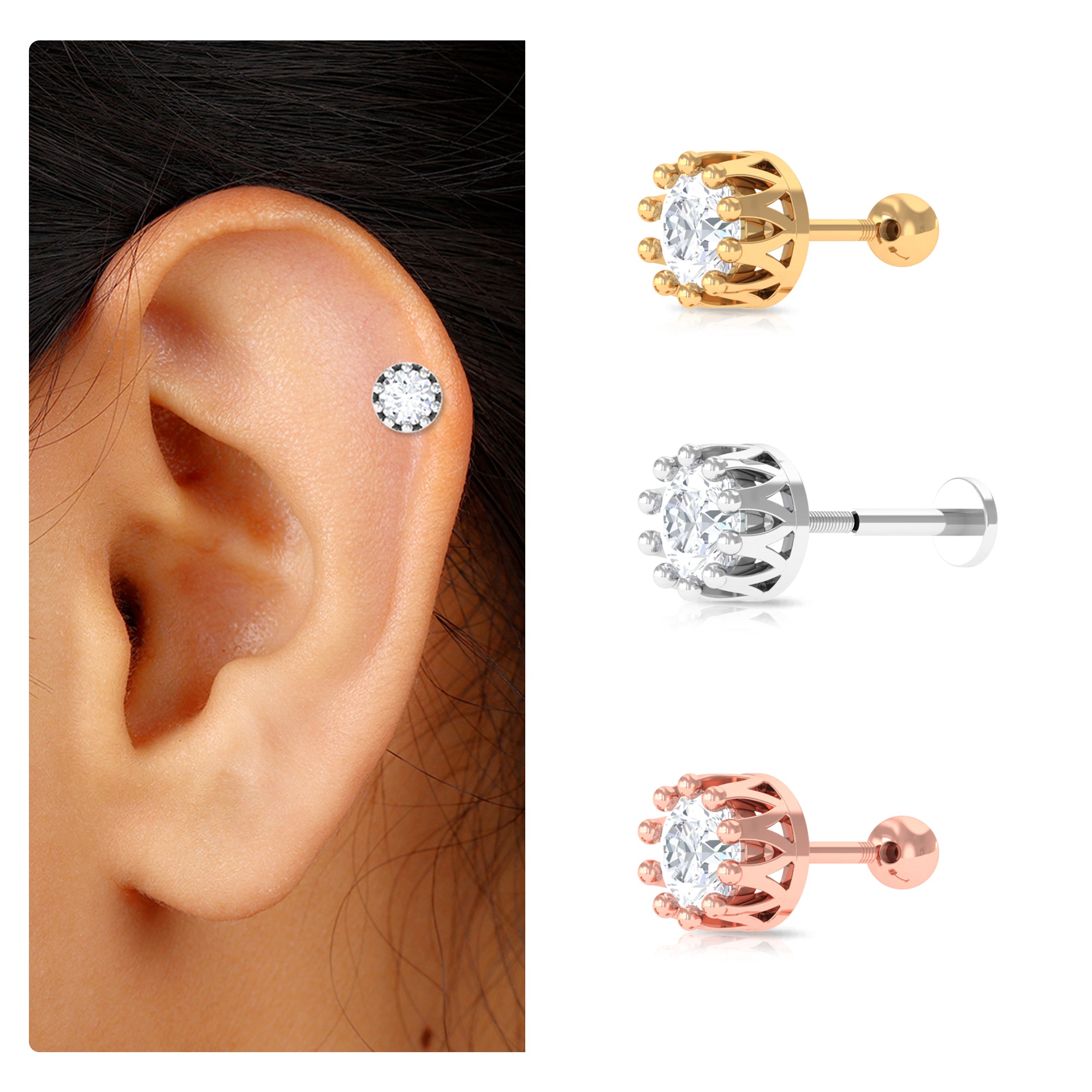 Rosec Jewels-Round Moissanite Crown Earring for Upper Lobe Piercing