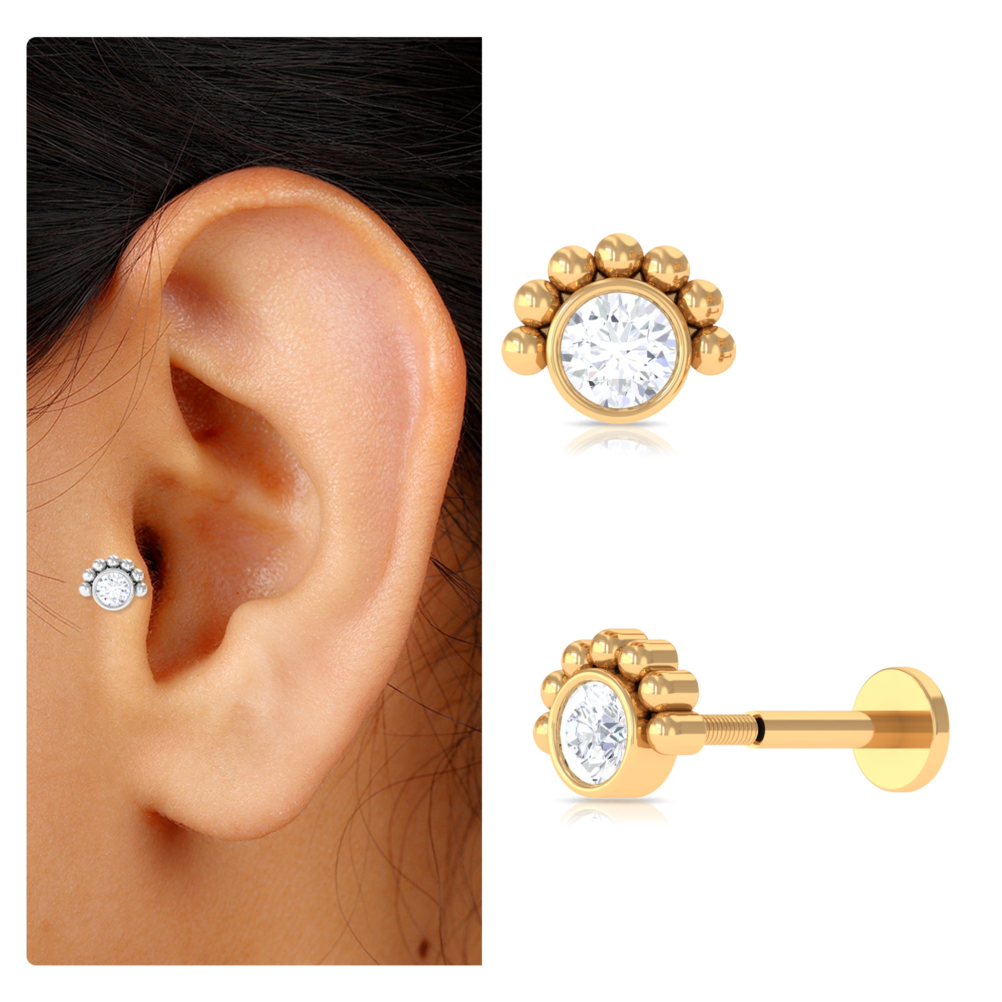 Rosec Jewels-Round Moissanite Tragus Earring in Beaded Bezel Setting