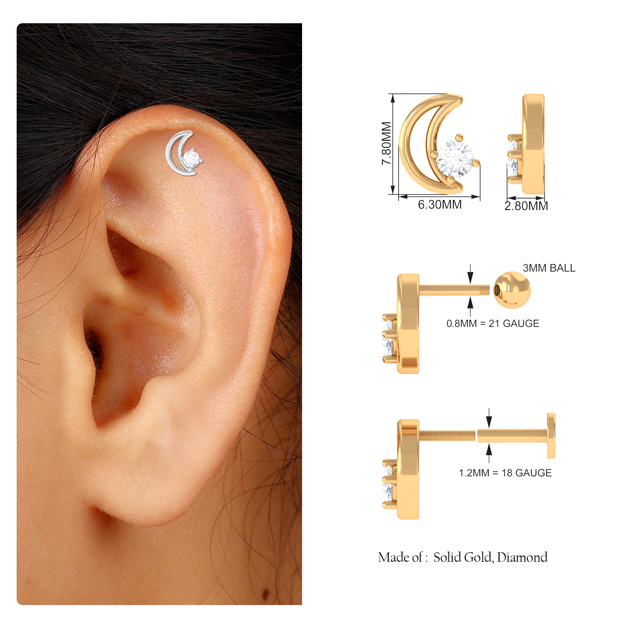 Rosec Jewels-Moissanite Crescent Moon Helix Earring