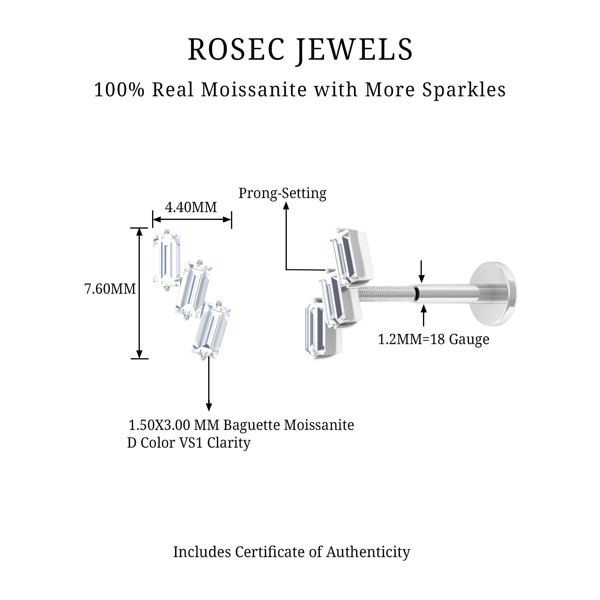 Rosec Jewels-Baguette Cut Moissanite 3 Stone Earring for Helix Piercing