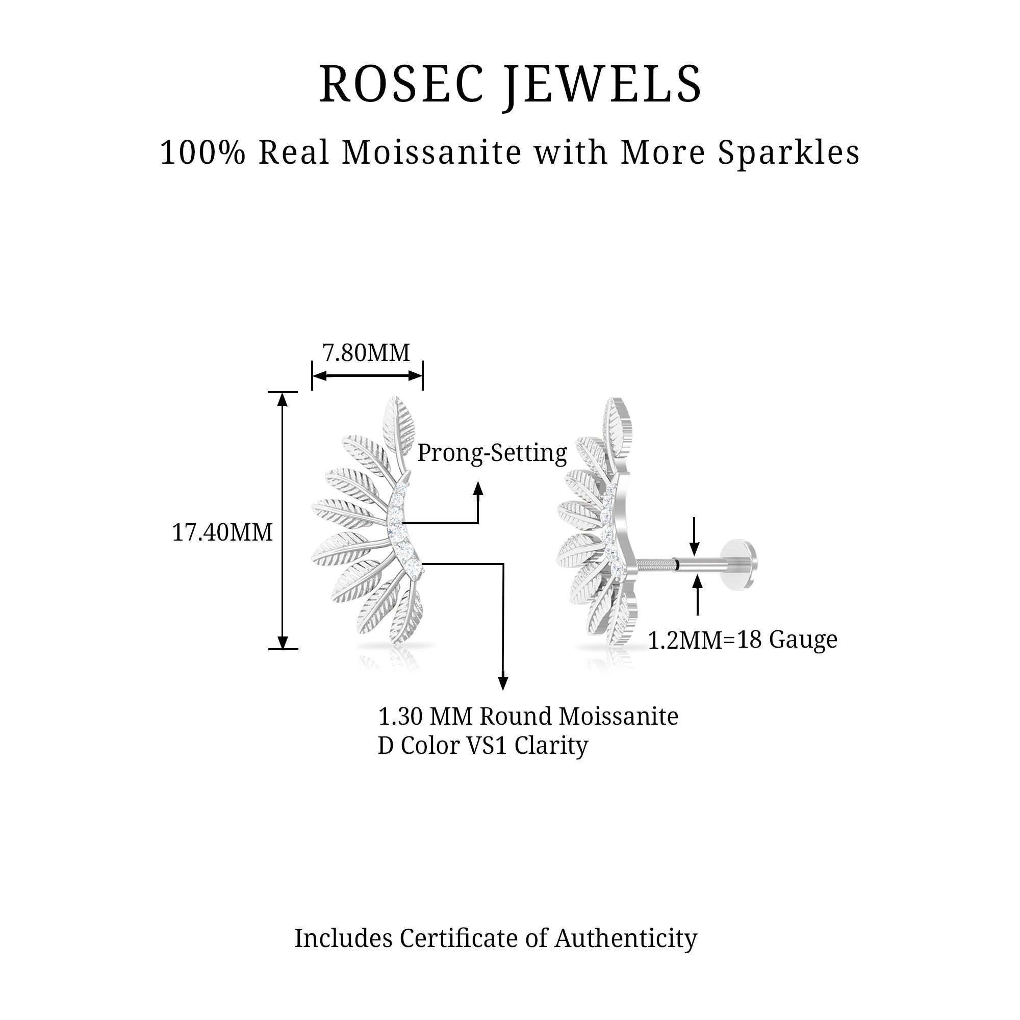 Rosec Jewels-Moissanite Gold Feather Earring for Cartilage Piercing