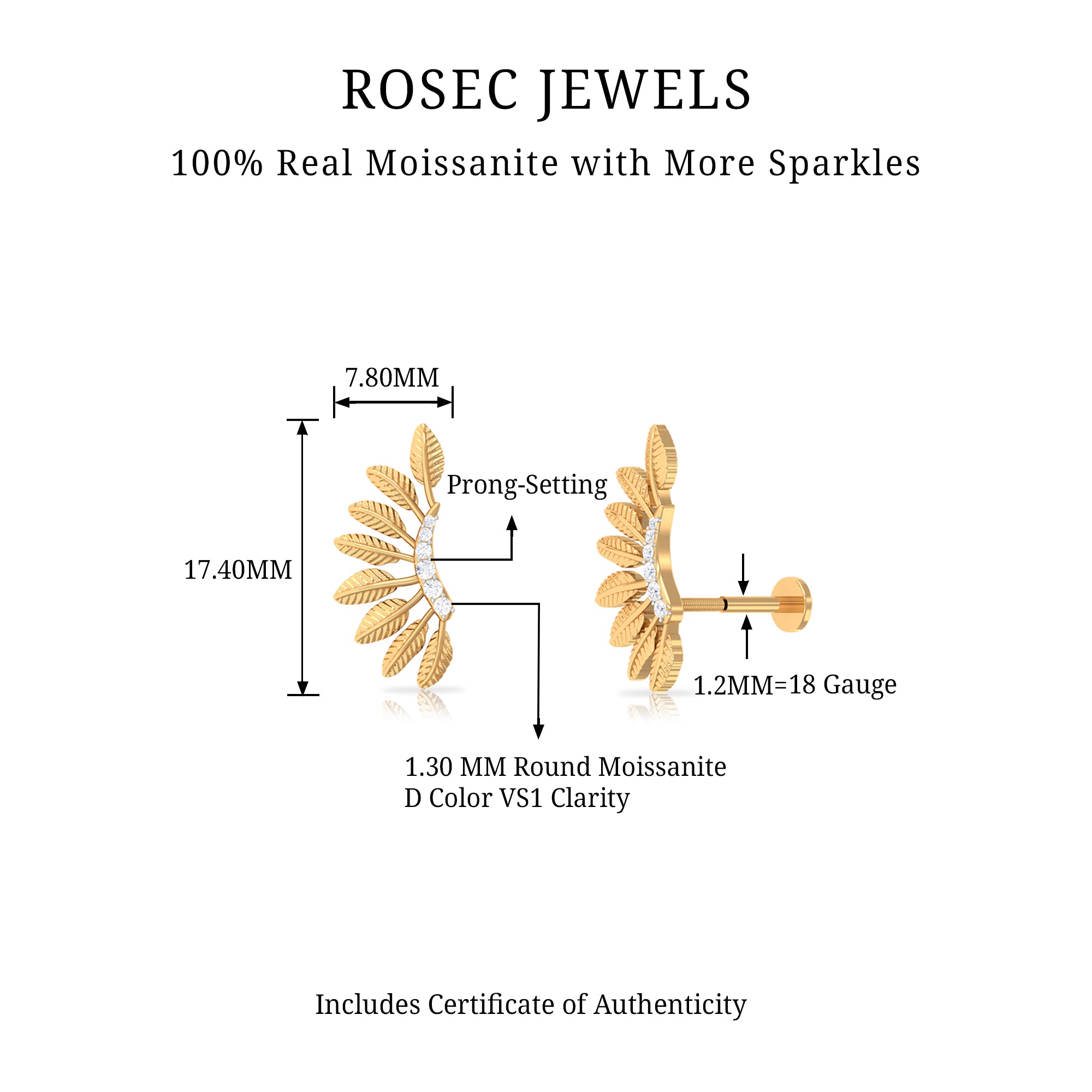 Rosec Jewels-Moissanite Gold Feather Earring for Cartilage Piercing