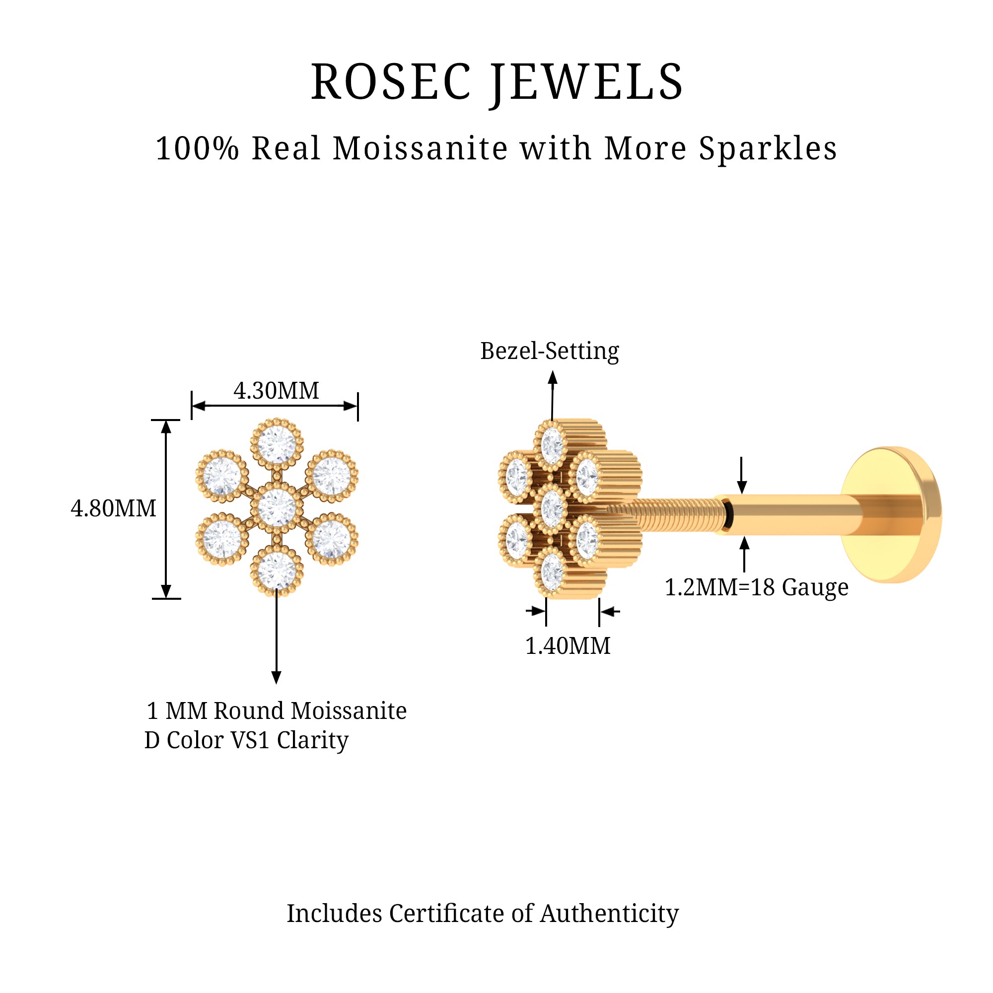 Rosec Jewels-Moissanite Flower Cartilage Earring in Beaded Bezel Setting