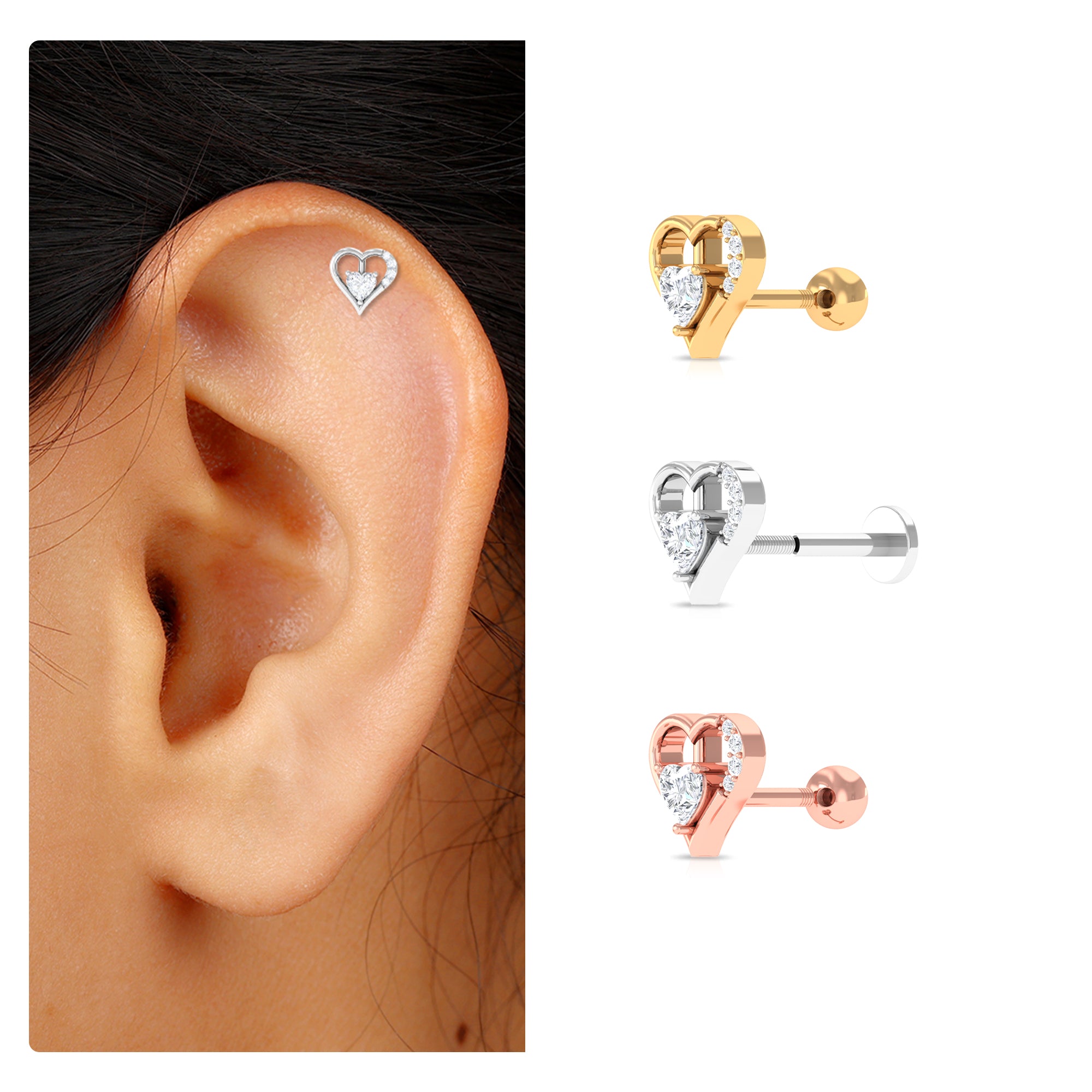 Rosec Jewels-Heart Shape Moissanite Earring for Cartilage Piercing