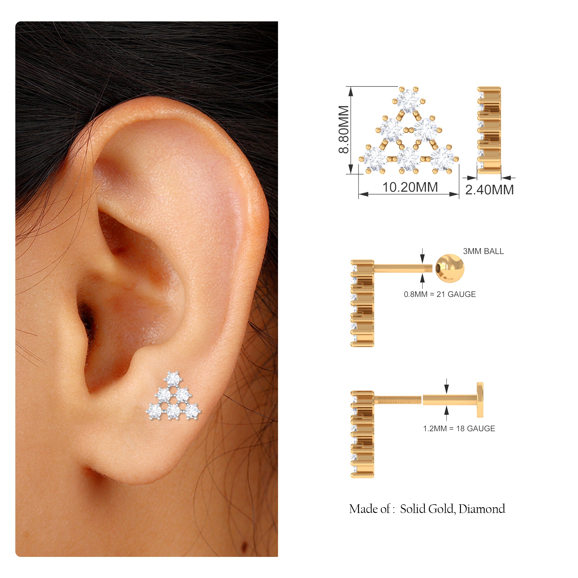 Rosec Jewels-Moissanite Cluster Triangle Earring for Helix Piercing