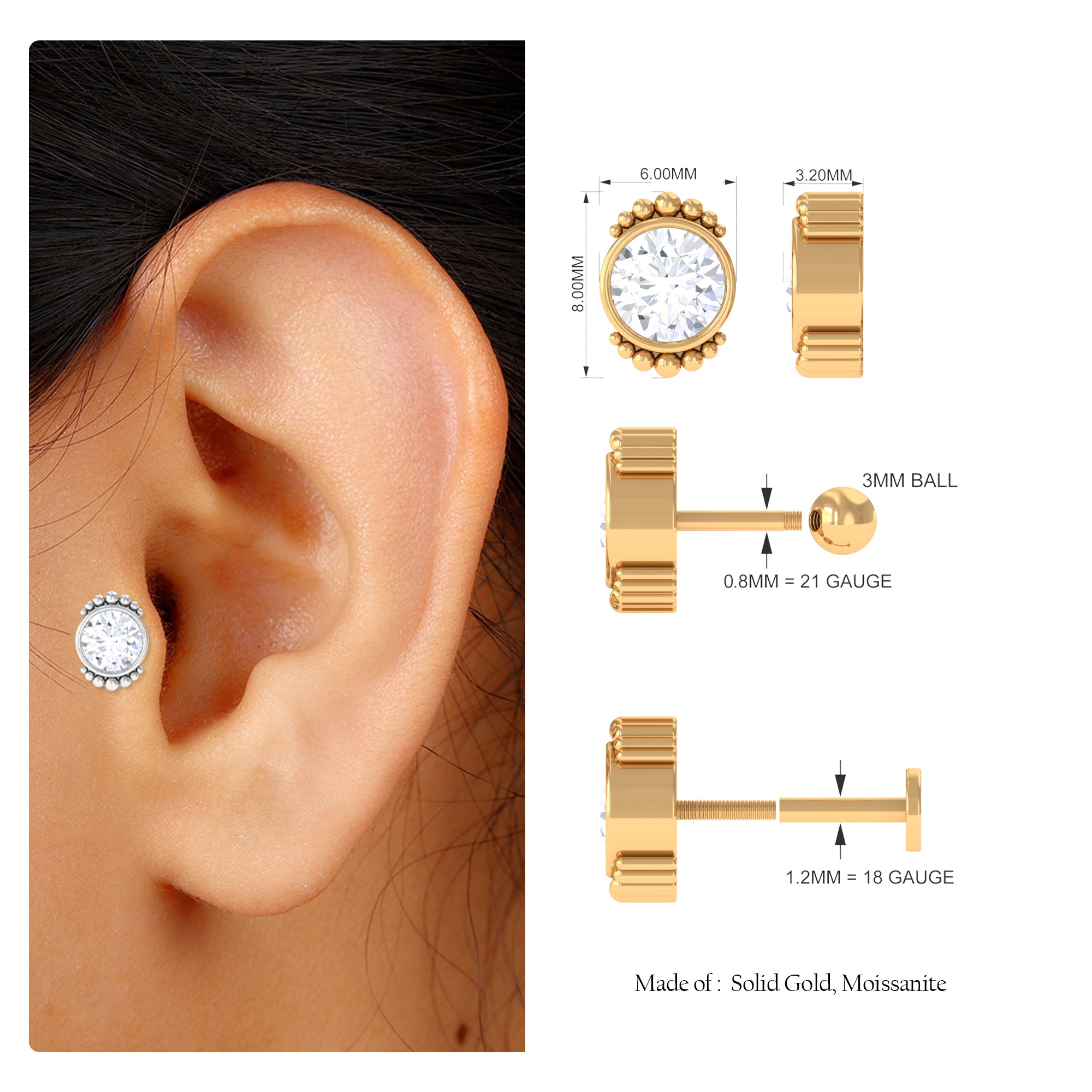 Rosec Jewels-Moissanite Simple Helix Earring in Beaded Bezel Setting