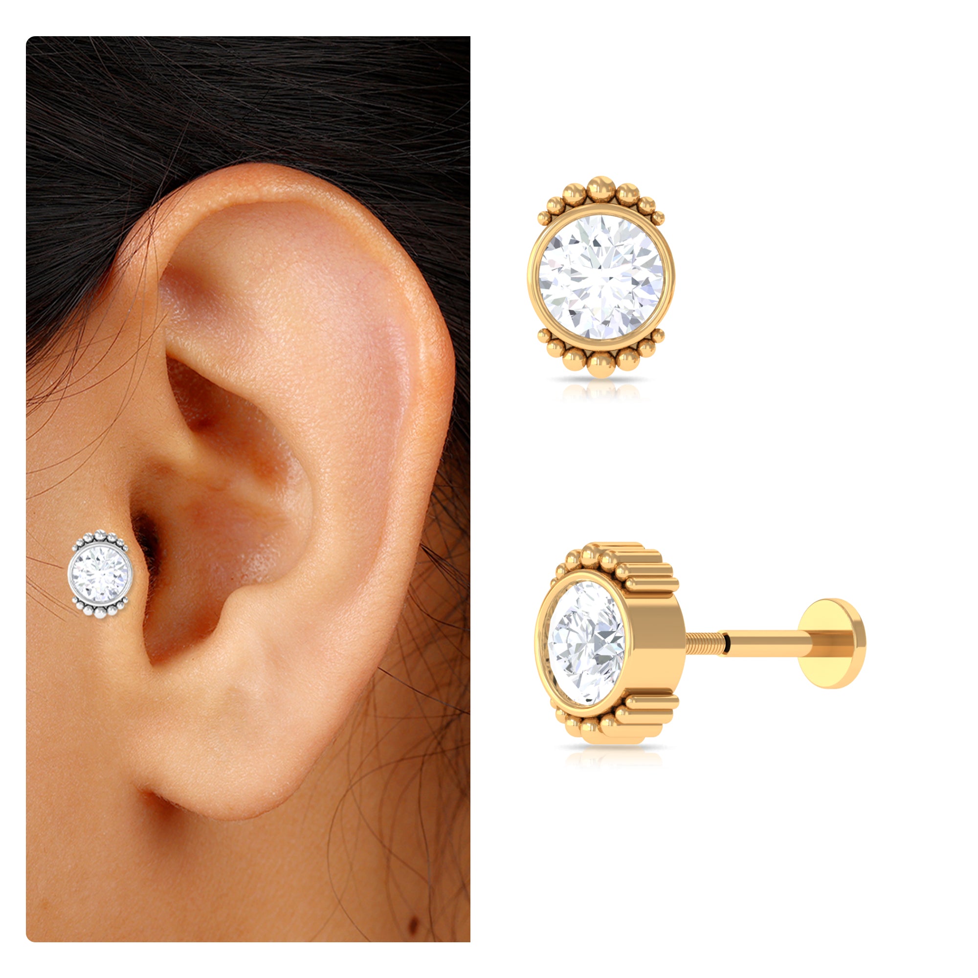 Rosec Jewels-Moissanite Simple Helix Earring in Beaded Bezel Setting