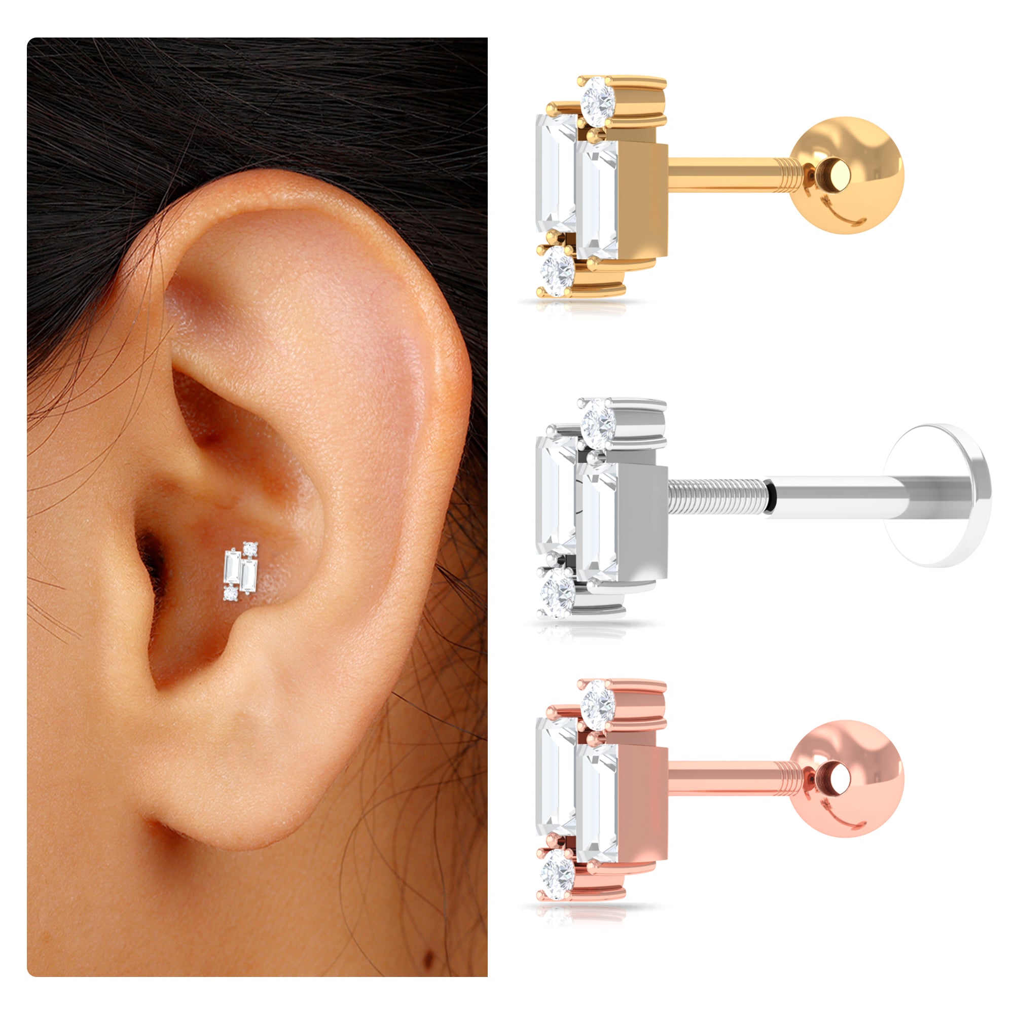 Rosec Jewels-Unique Baguette Moissanite Cluster Earring for Conch Piercing