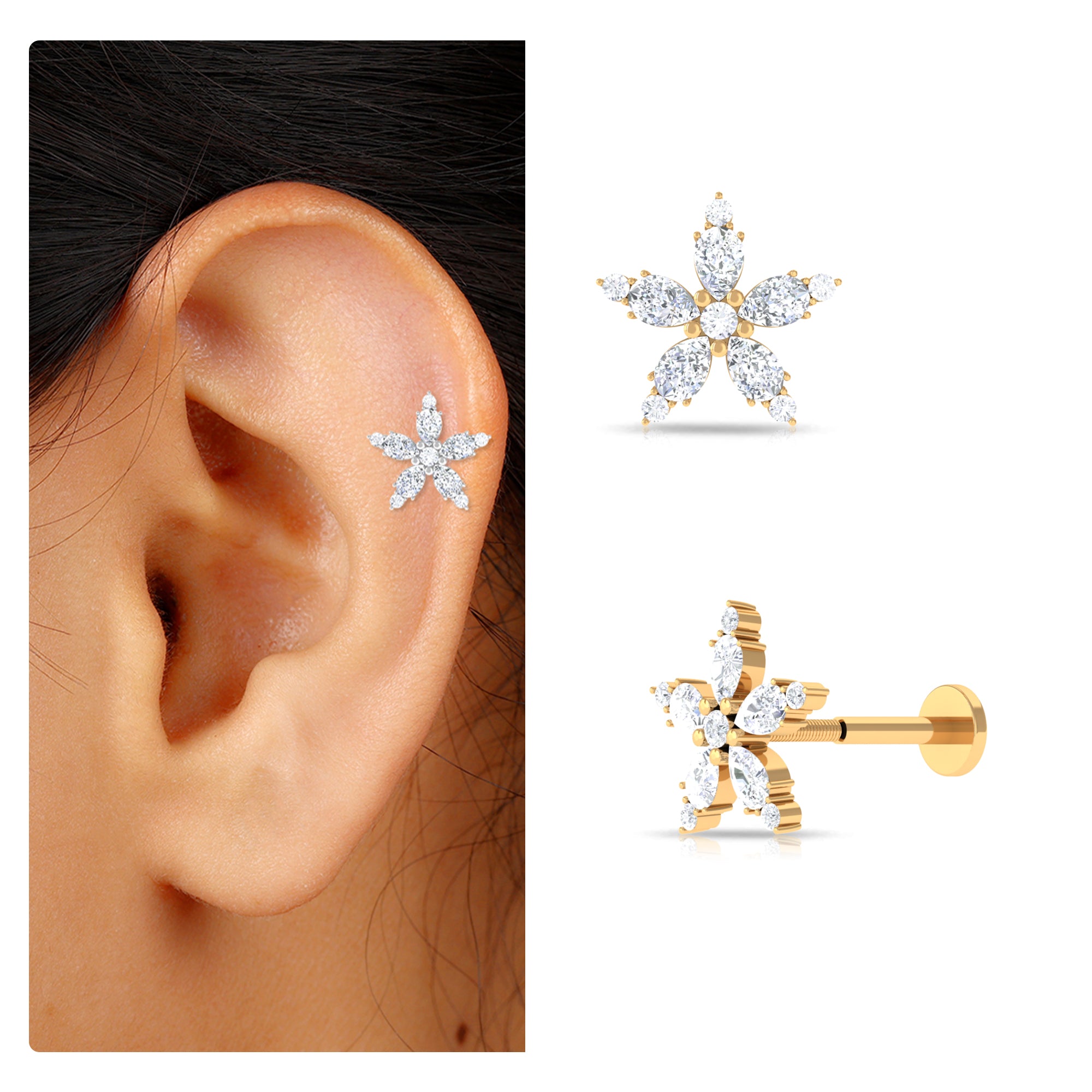 Rosec Jewels-Certified Moissanite Flower Earring for Helix Piercing