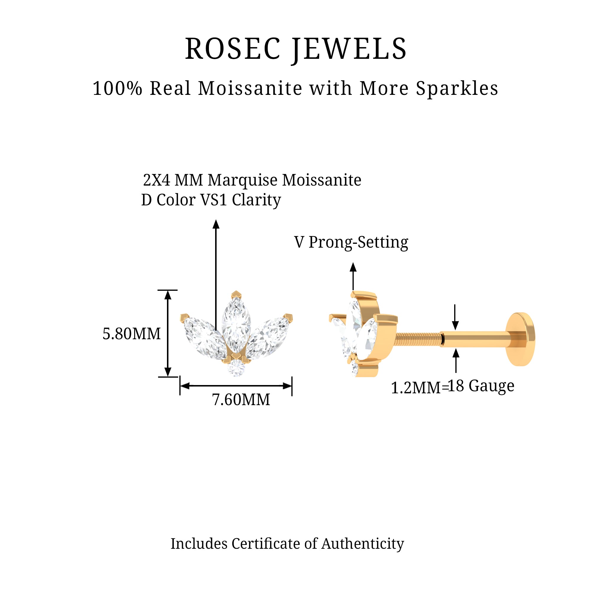 Rosec Jewels-Marquise Moissanite Gold Lotus Flower Helix Earring