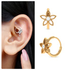 Rosec Jewels-Moissanite Flower Conch Hoop Earring with Gold Beads