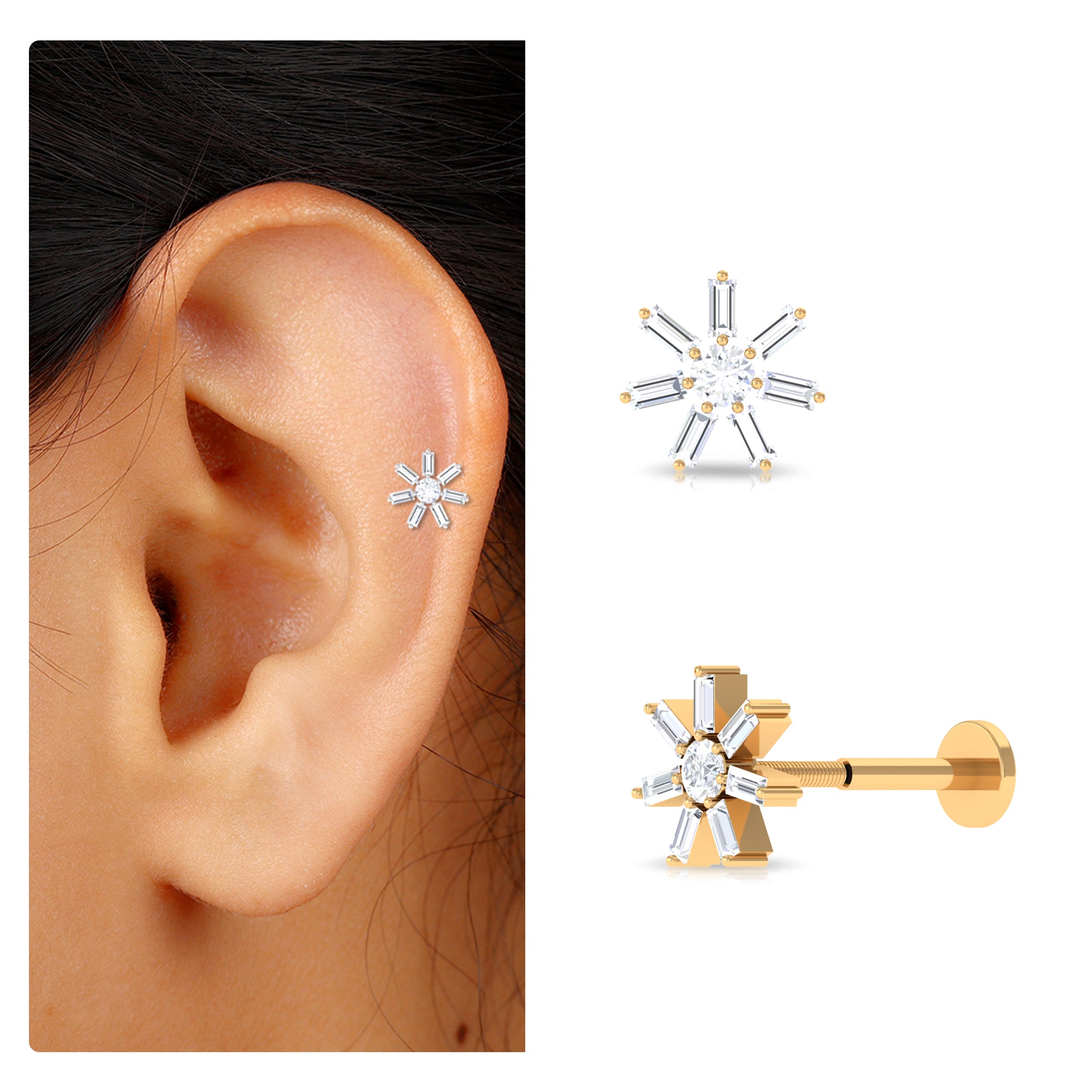 Rosec Jewels-Baguette Moissanite Flower Cartilage Earring in Gold