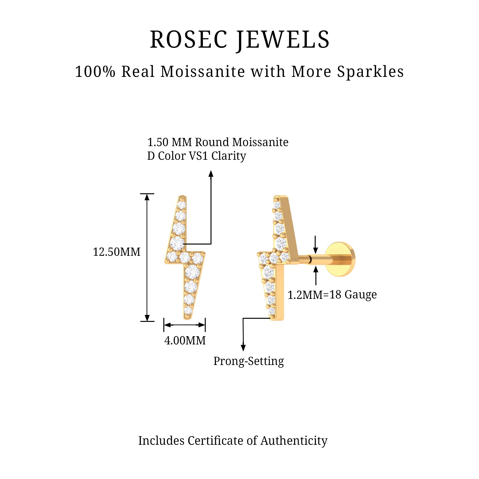 Rosec Jewels-Moissanite Gold Lightning Bolt Cartilage Earring