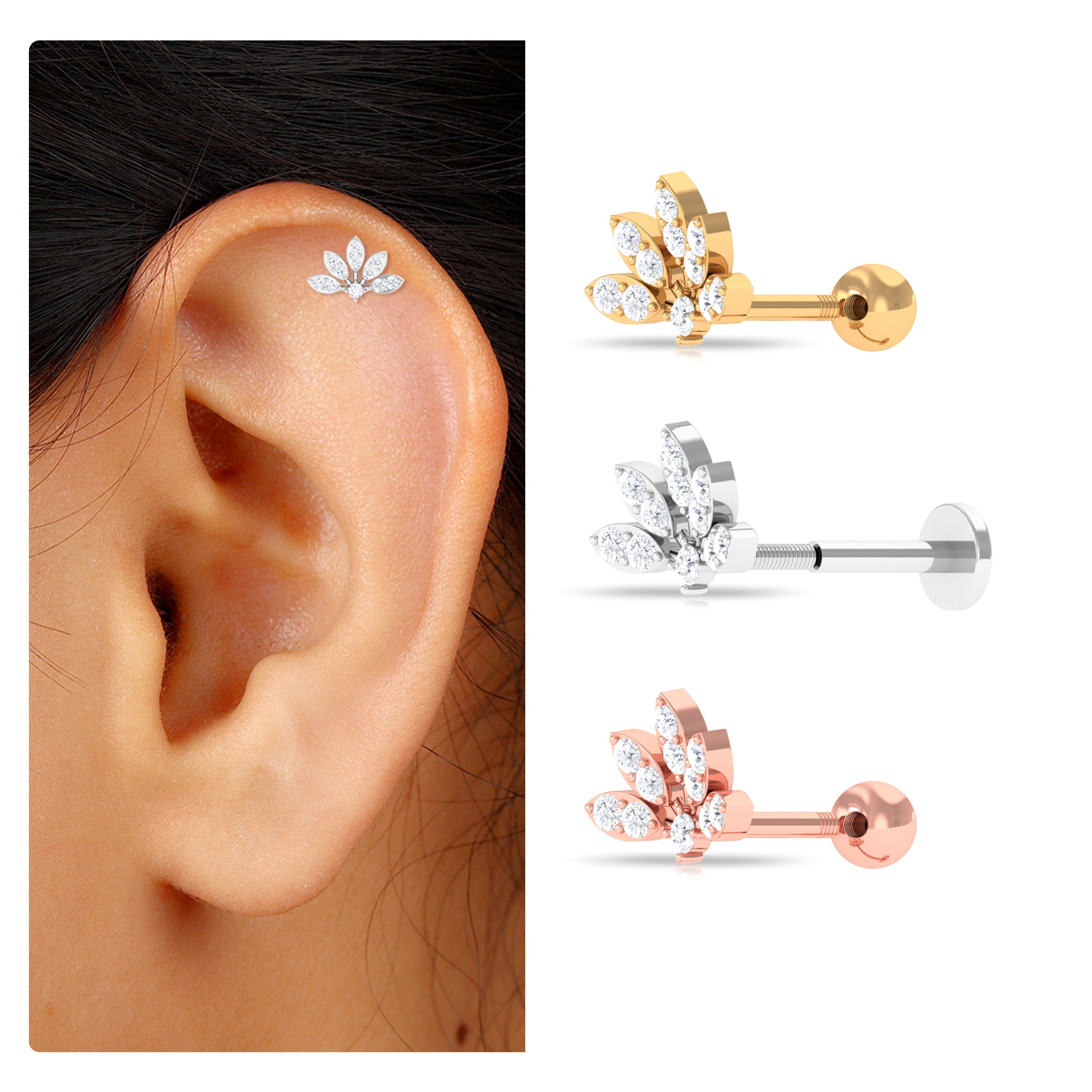 Rosec Jewels-Elegant Moissanite Lotus Earring for Helix Piercing