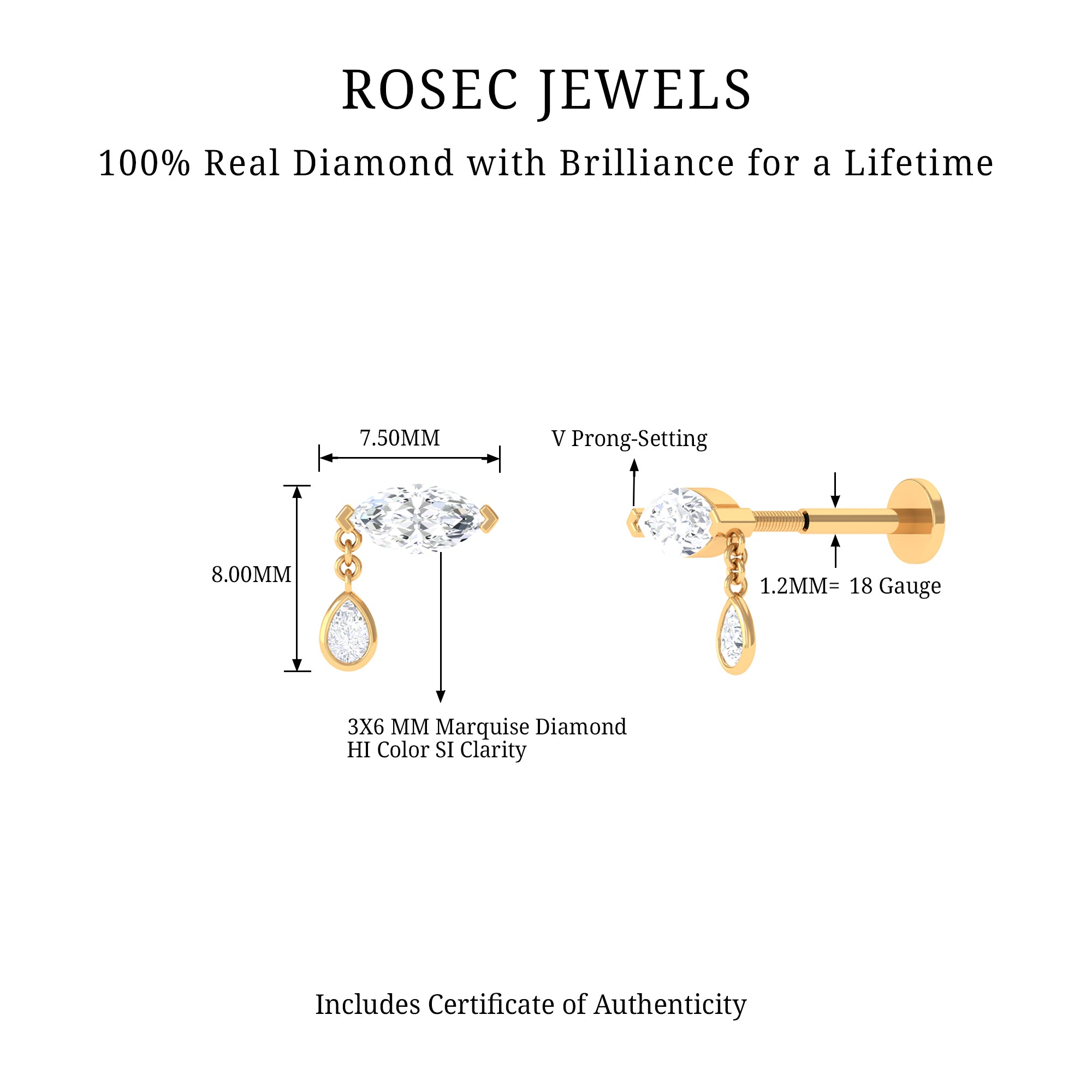 Rosec Jewels-Real Marquise Diamond Cartilage Drop Earring