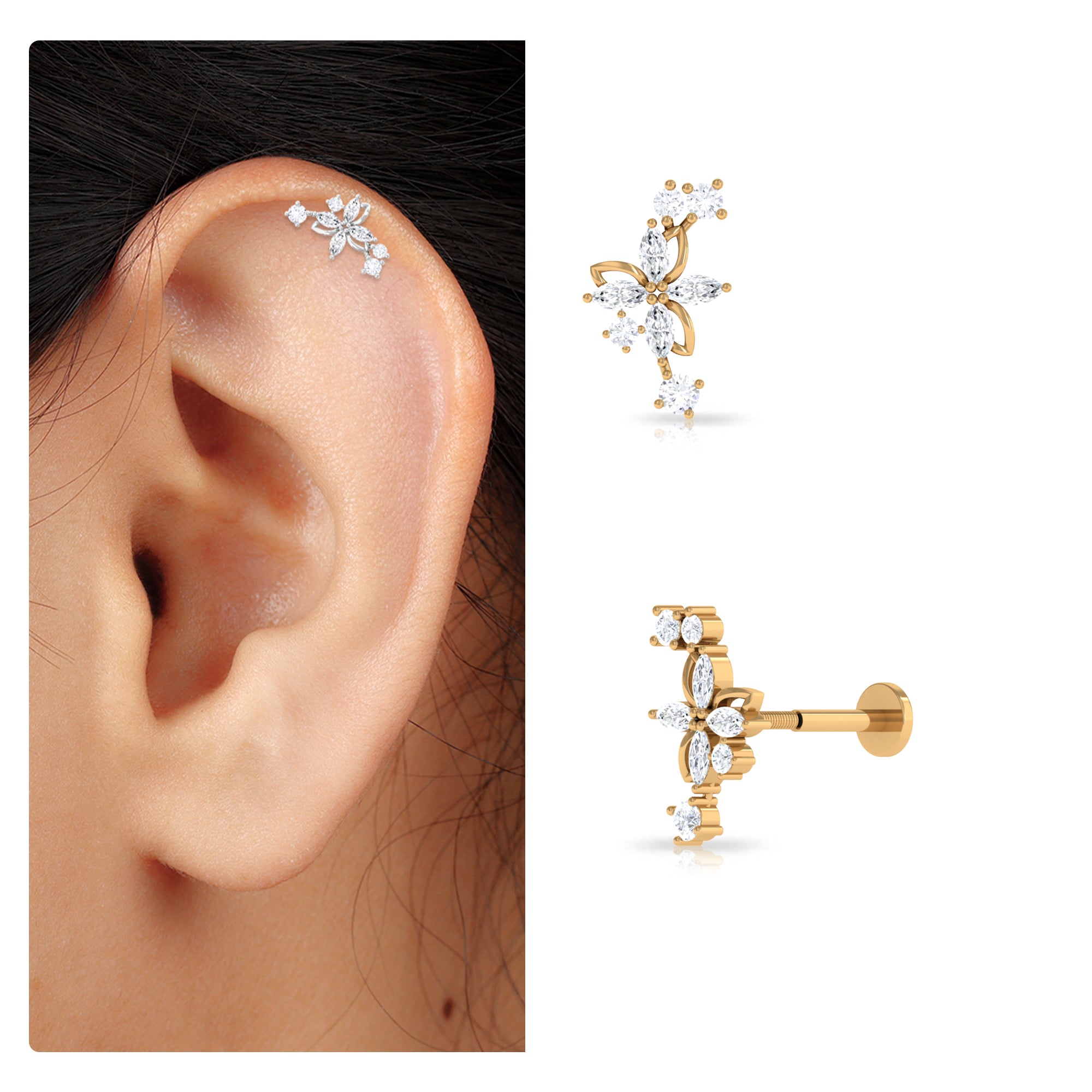 Rosec Jewels-Genuine Diamond Flower Crawler Earring