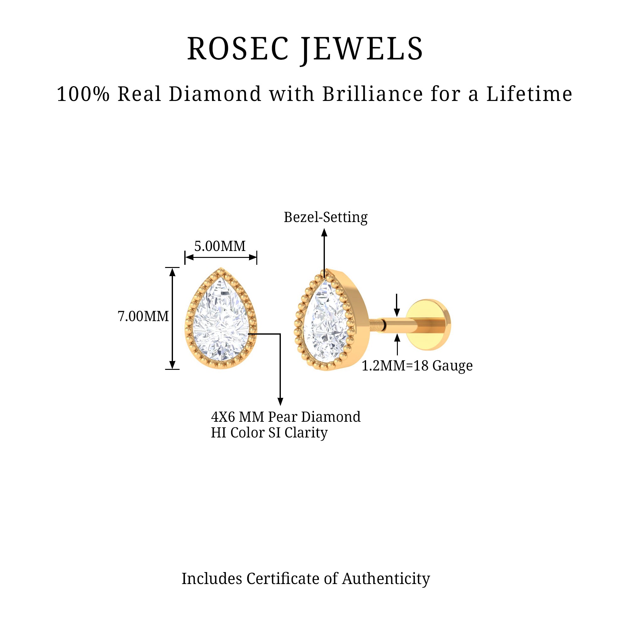 Rosec Jewels-Teardrop Diamond Solitaire Earring for Helix Piercing