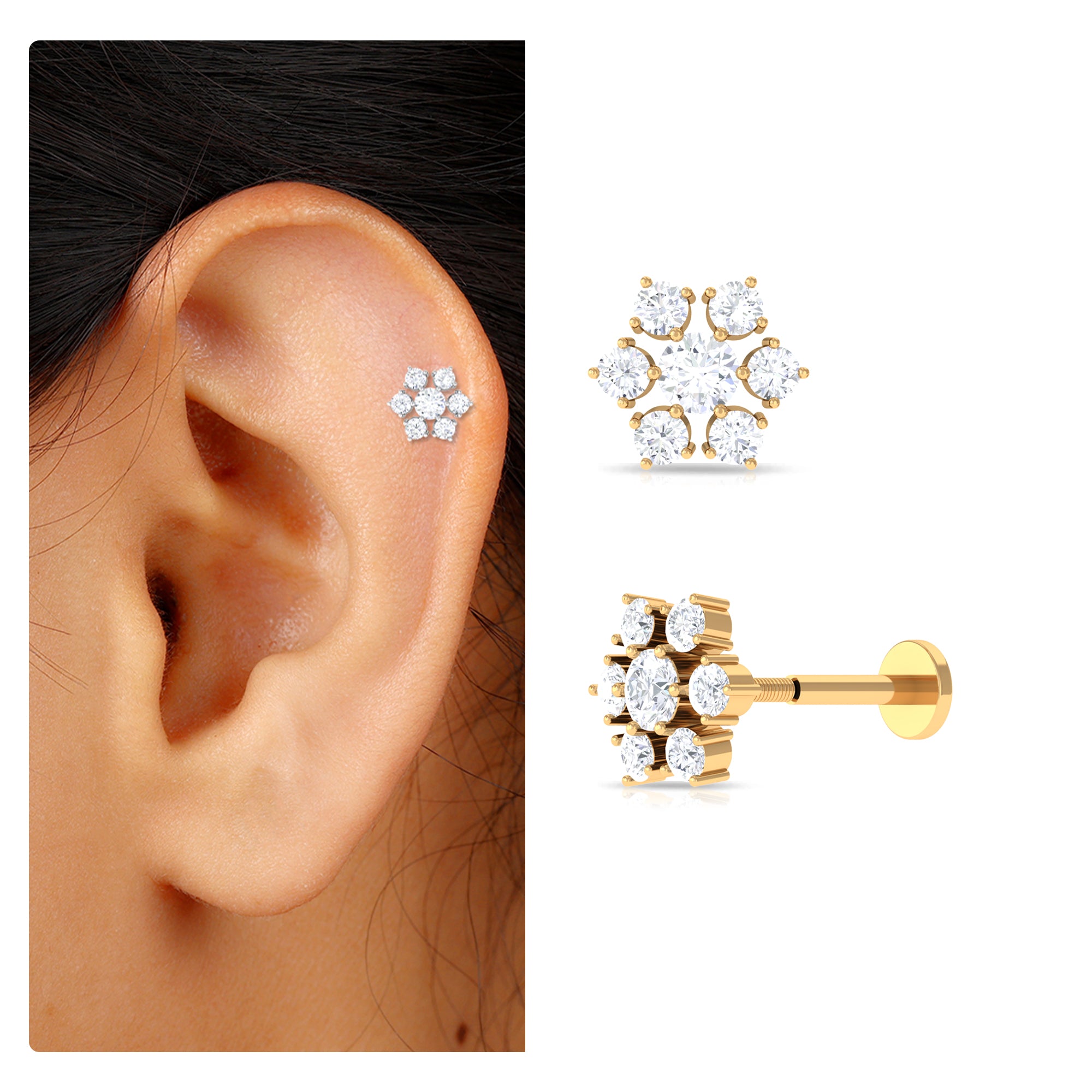 Rosec Jewels-Round Cut Moissanite Cluster Floral Cartilage Earring