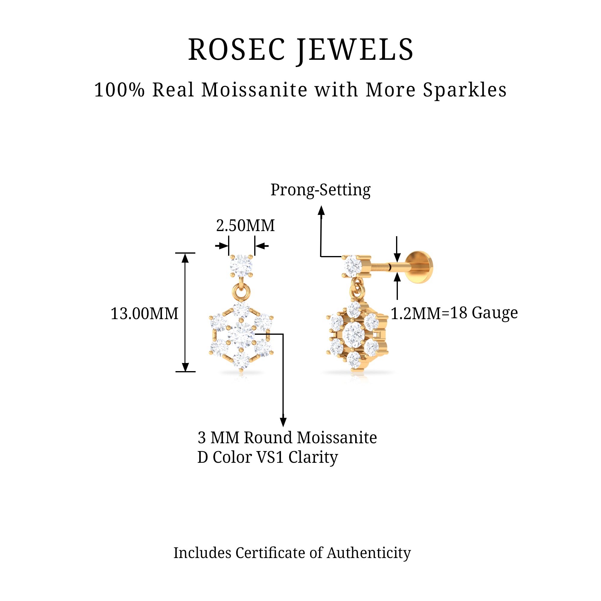 Rosec Jewels-Moissanite Flower Drop Earring for Cartilage Piercing