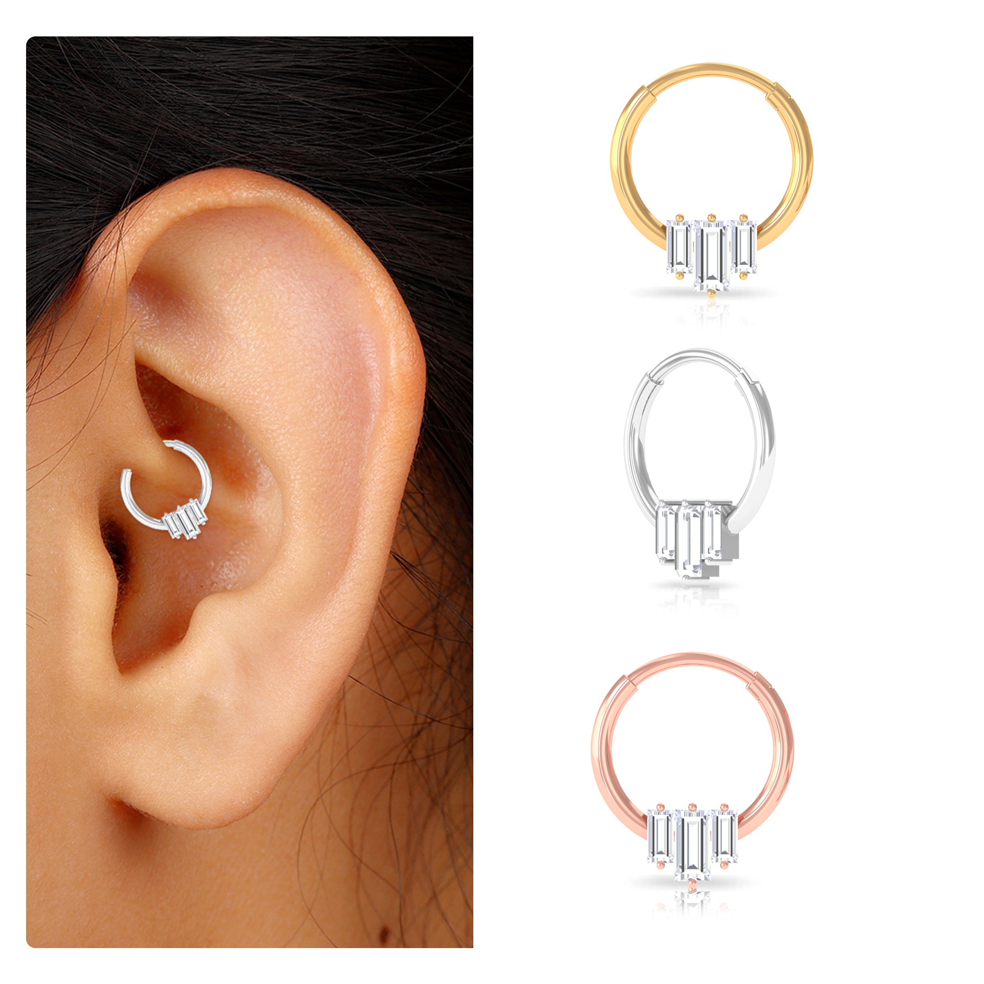 Rosec Jewels-Baguette Moissanite Hoop Earring for Daith Piercing