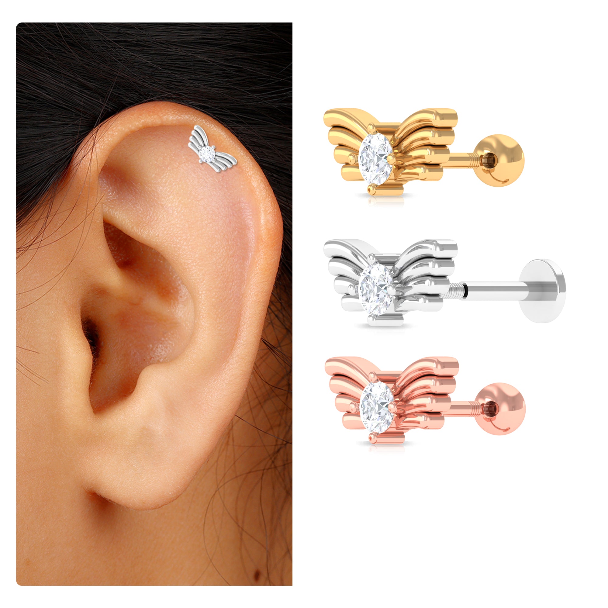 Rosec Jewels-Round Moissanite Bird Earring for Helix Piercing