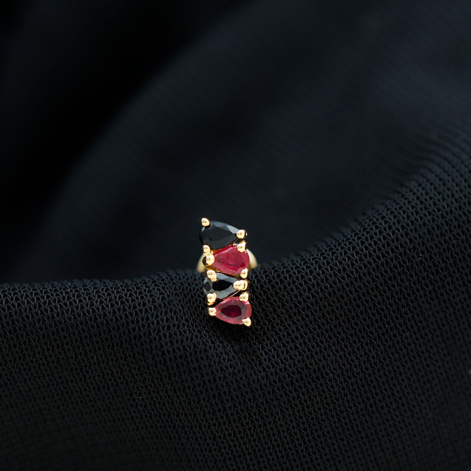 Rosec Jewels-Pear Cut Ruby and Black Onyx Bar Earring for Helix Piercing