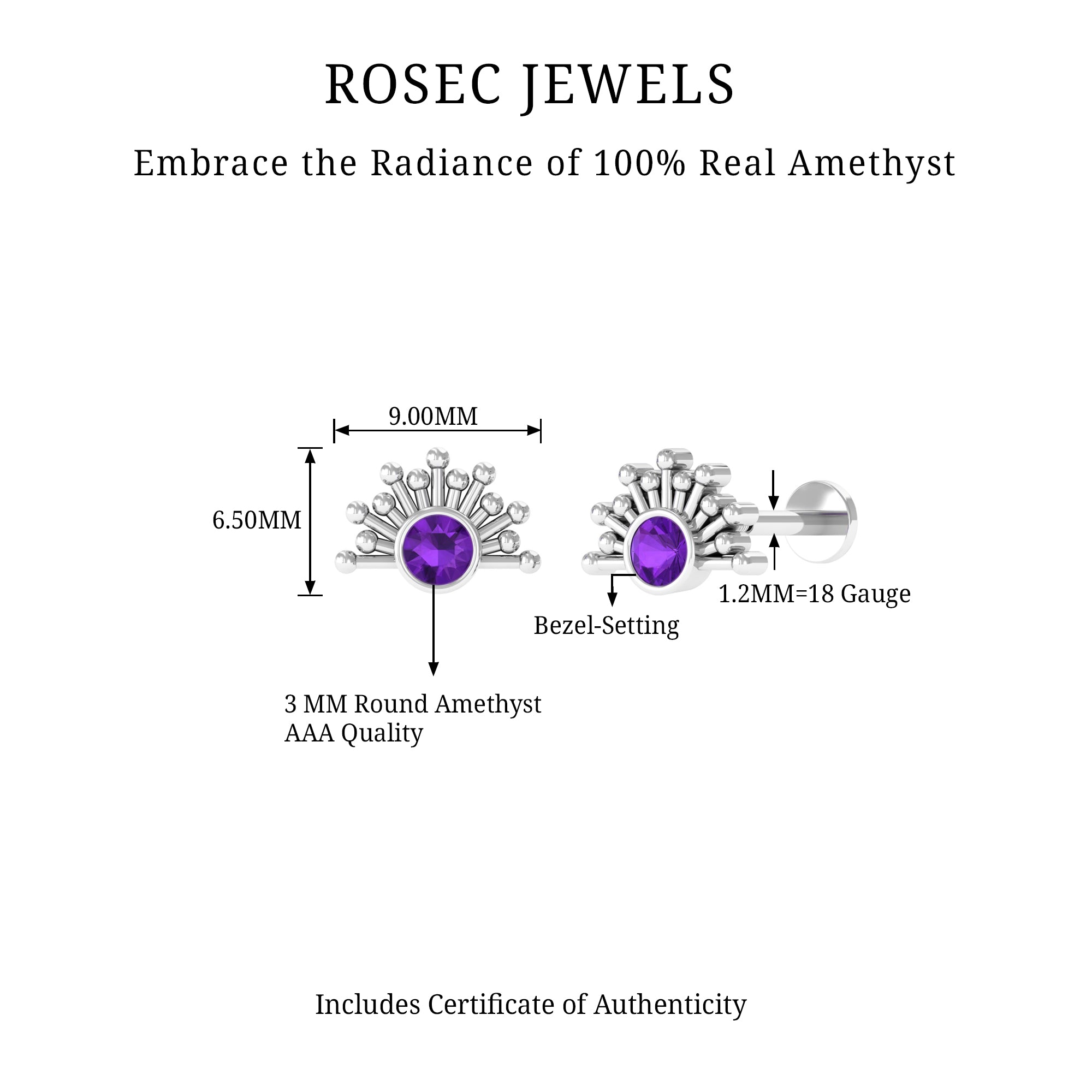 Rosec Jewels-Bezel Set Round Amethyst Sunburst Helix Earring