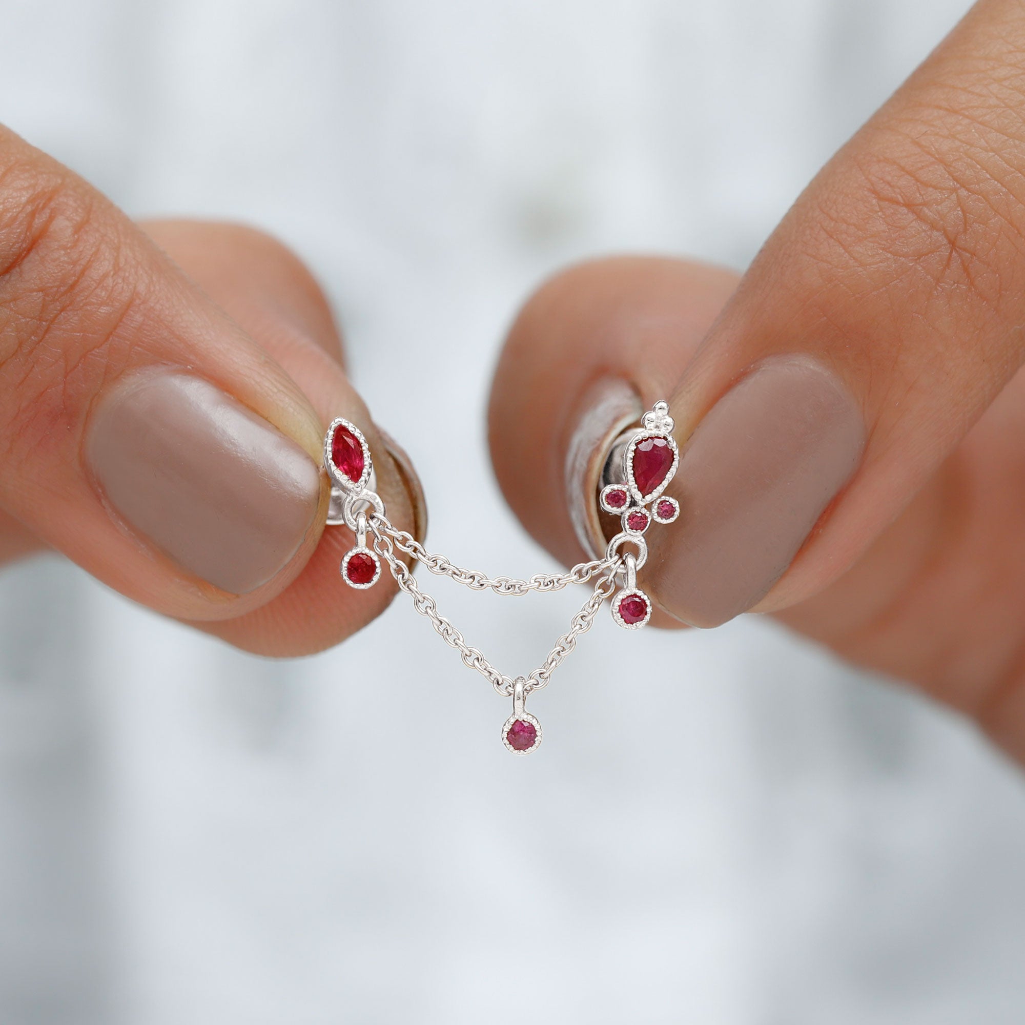 Rosec Jewels-Natural Red Ruby Double Piercing Earring with Dangling Chain