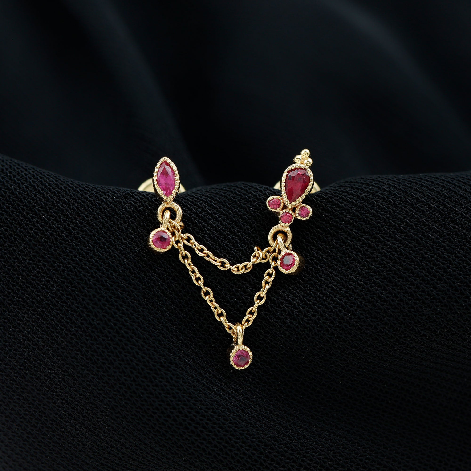 Rosec Jewels-Natural Red Ruby Double Piercing Earring with Dangling Chain