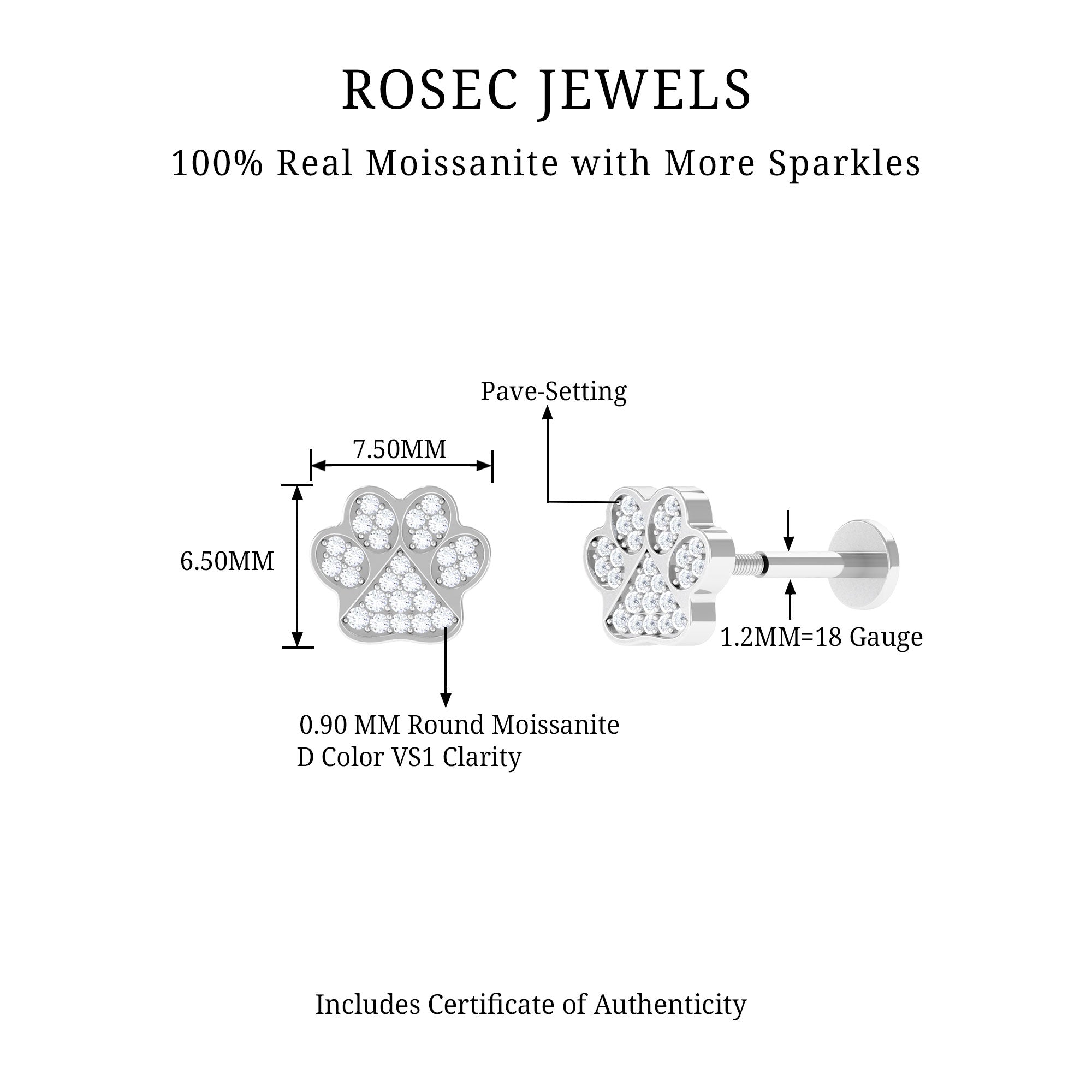 Rosec Jewels-Moissanite Gold Dog Paw Print Earring for Cartilage Piercing