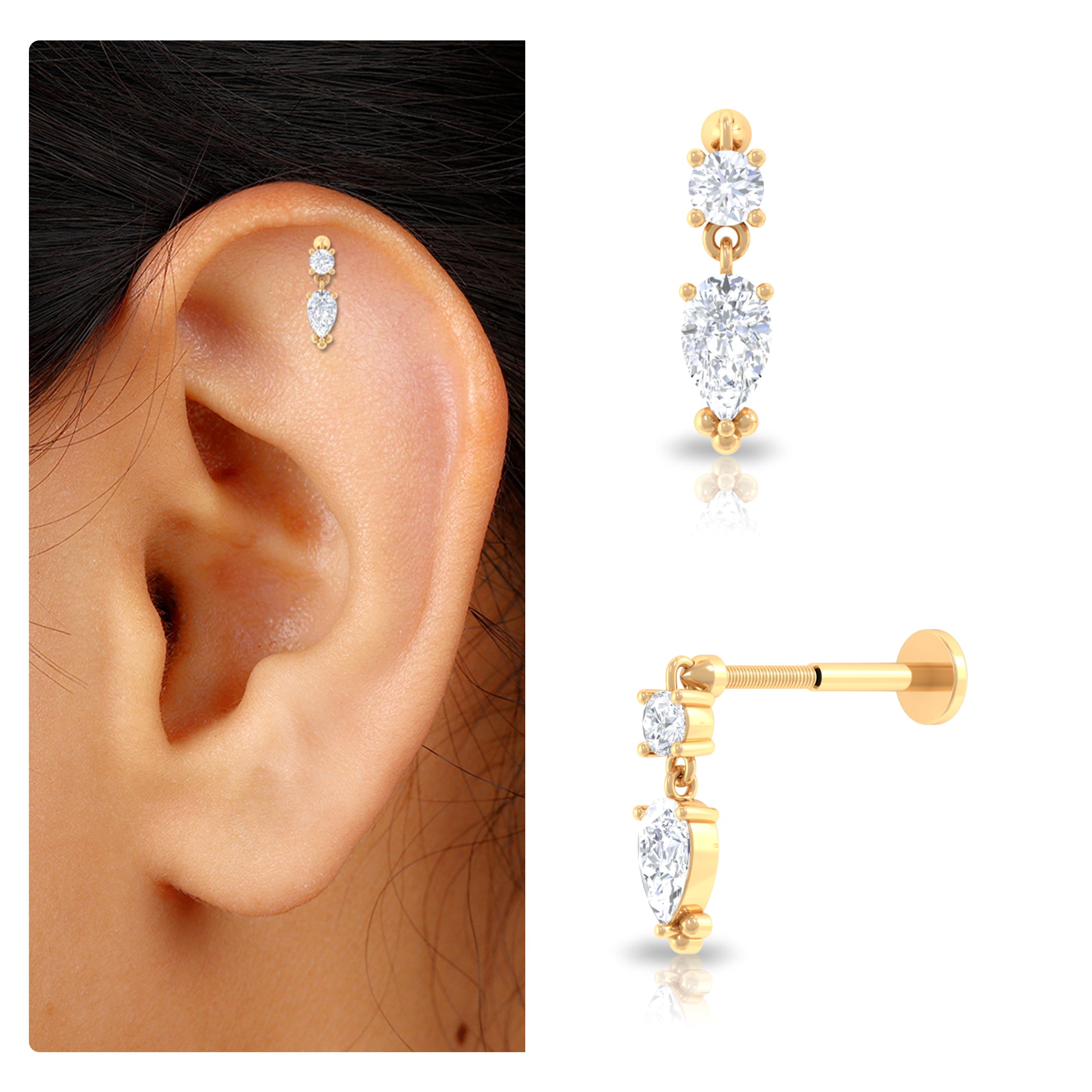 Rosec Jewels-Pear Cut Moissanite Drop Earring for Cartilage Piercing