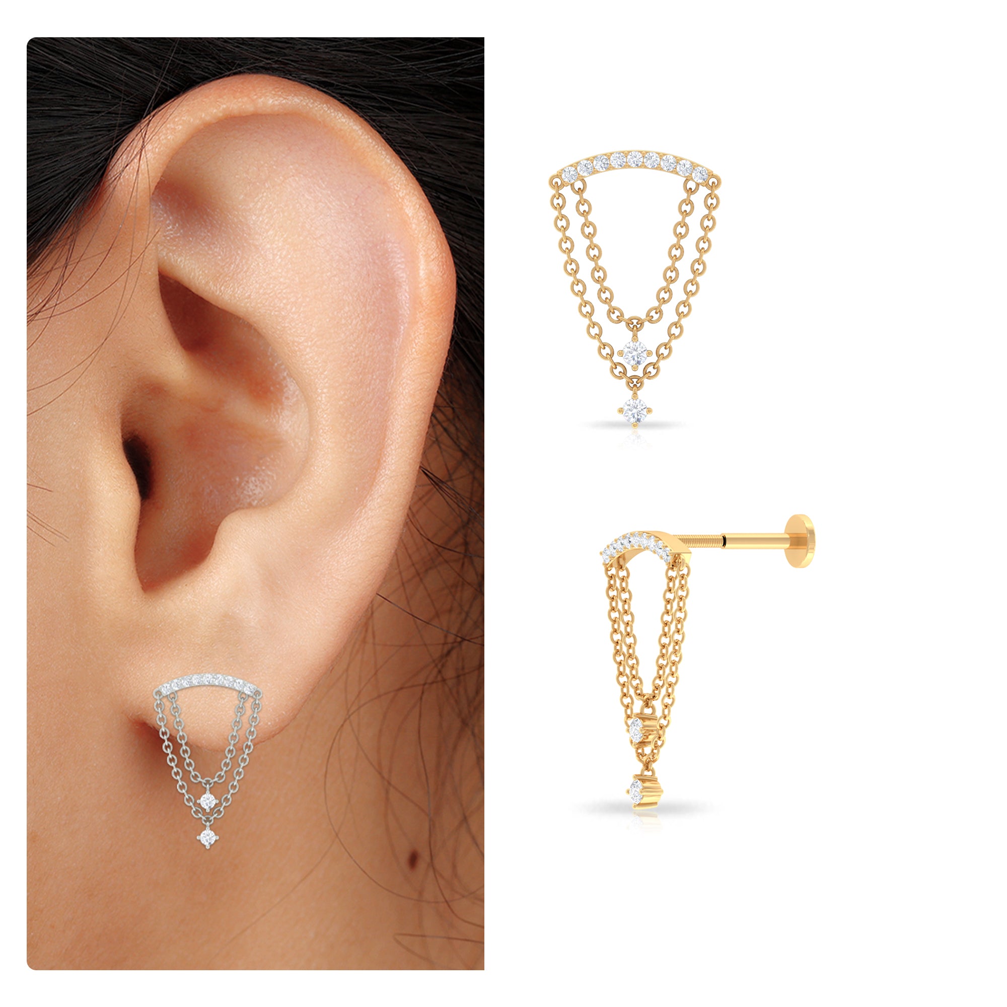 Rosec Jewels-Moissanite Double Chain Dangling Earring for Cartilage Piercing