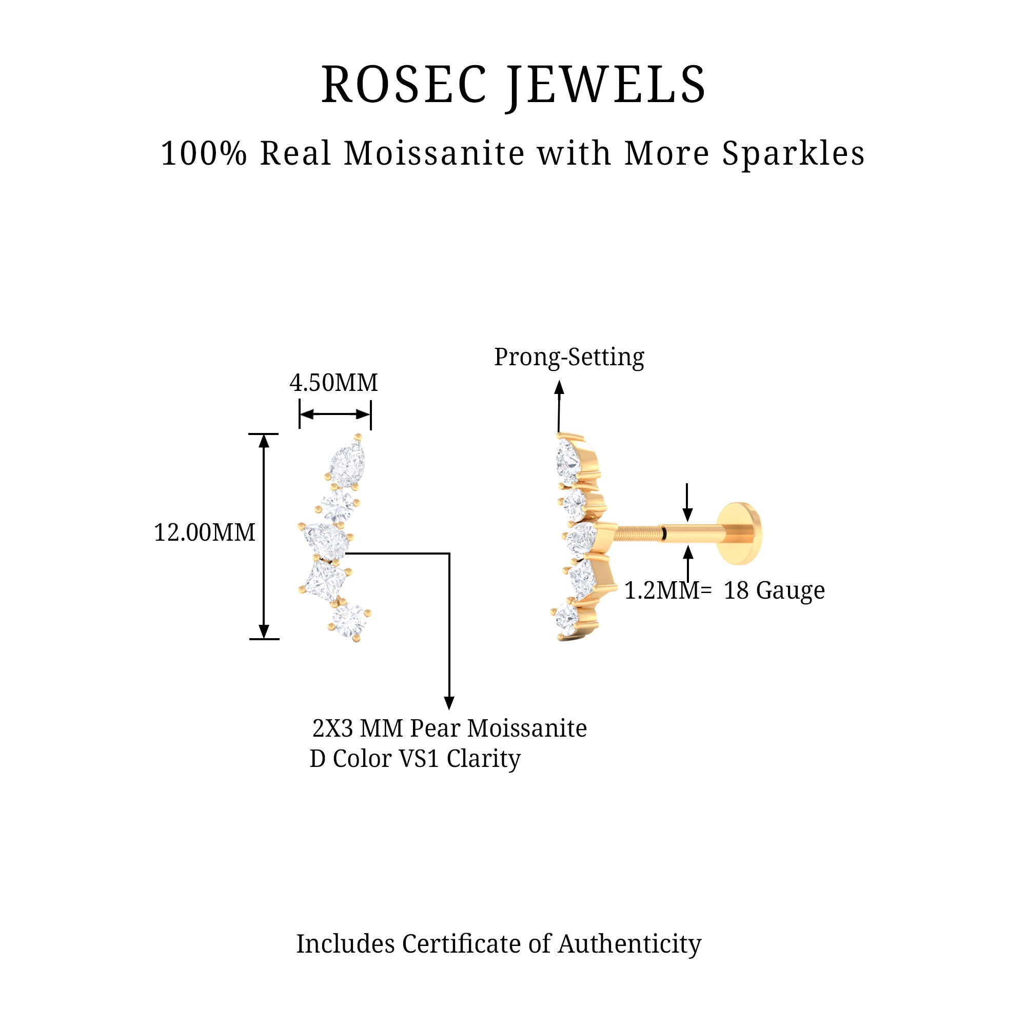 Rosec Jewels-Certified Moissanite Crawler Earring in Prong Setting